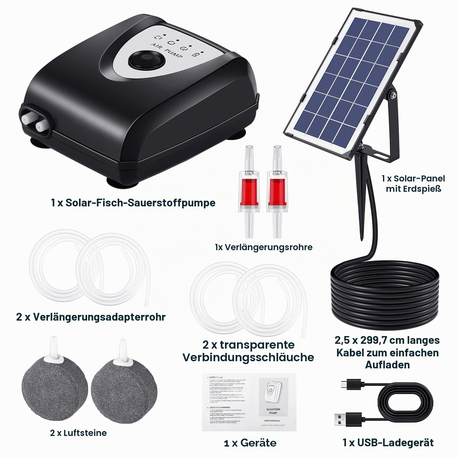 3W Solar-Teichbelüfterpumpe mit 2 Luftsteinen für Teich, Aquarium | 0,9 L/Min Luftleistung, Integrierter Überladungsschutz, Solar Betrieben ohne Stromkabel, Erhöht den Sauerstoffgehalt