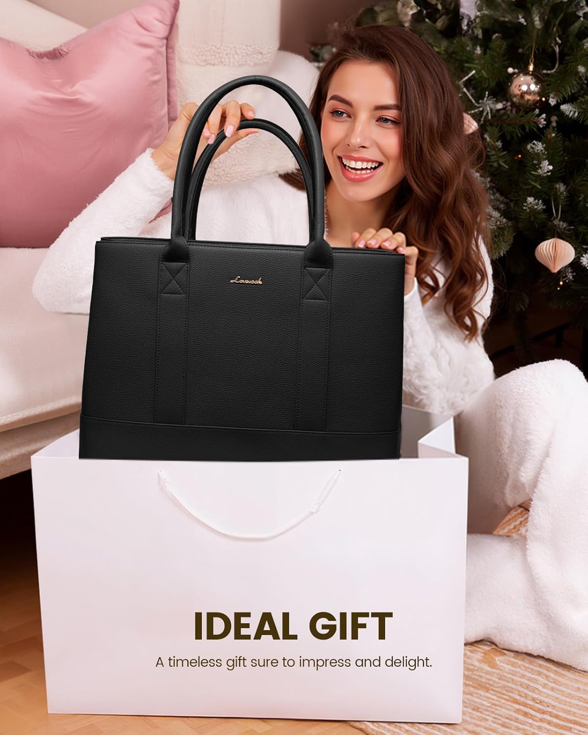 LOVEVOOK Laptop Tote Bag for Women, Pebbled Vegan Leather 15.6" Large Capacity Laptop Bag for Women, Waterproof Plus Room for Laptop & 4x Tumblers, for Office & Gift, Black - Image 7