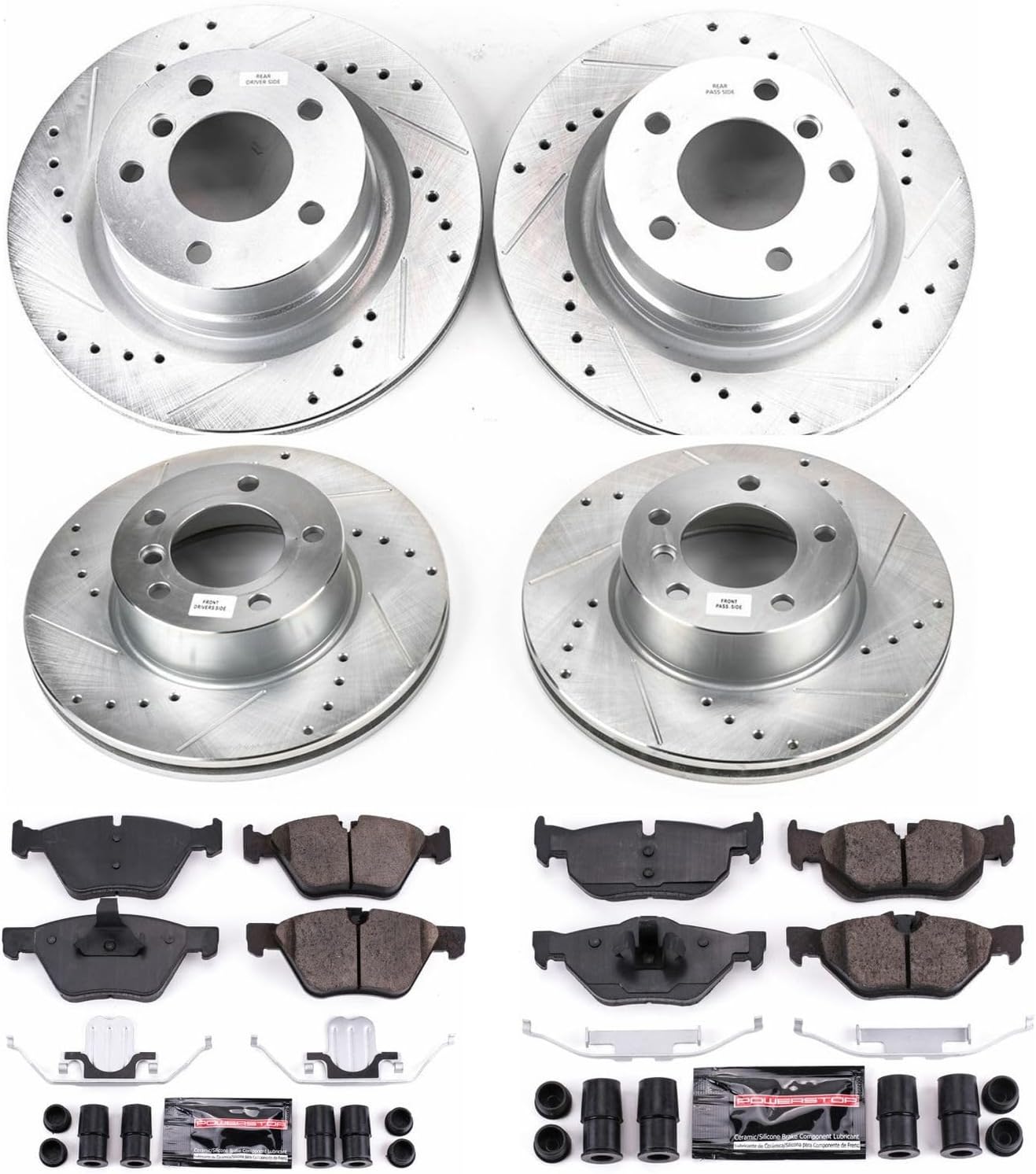 Power Stop K6347 Front and Rear Z23 Carbon Fiber Brake Pads with Drilled & Slotted Brake Rotors Kit and 1 Front & 1 Rear Sensor Wires For BMW 128i 2010-2013 [Model Specific]