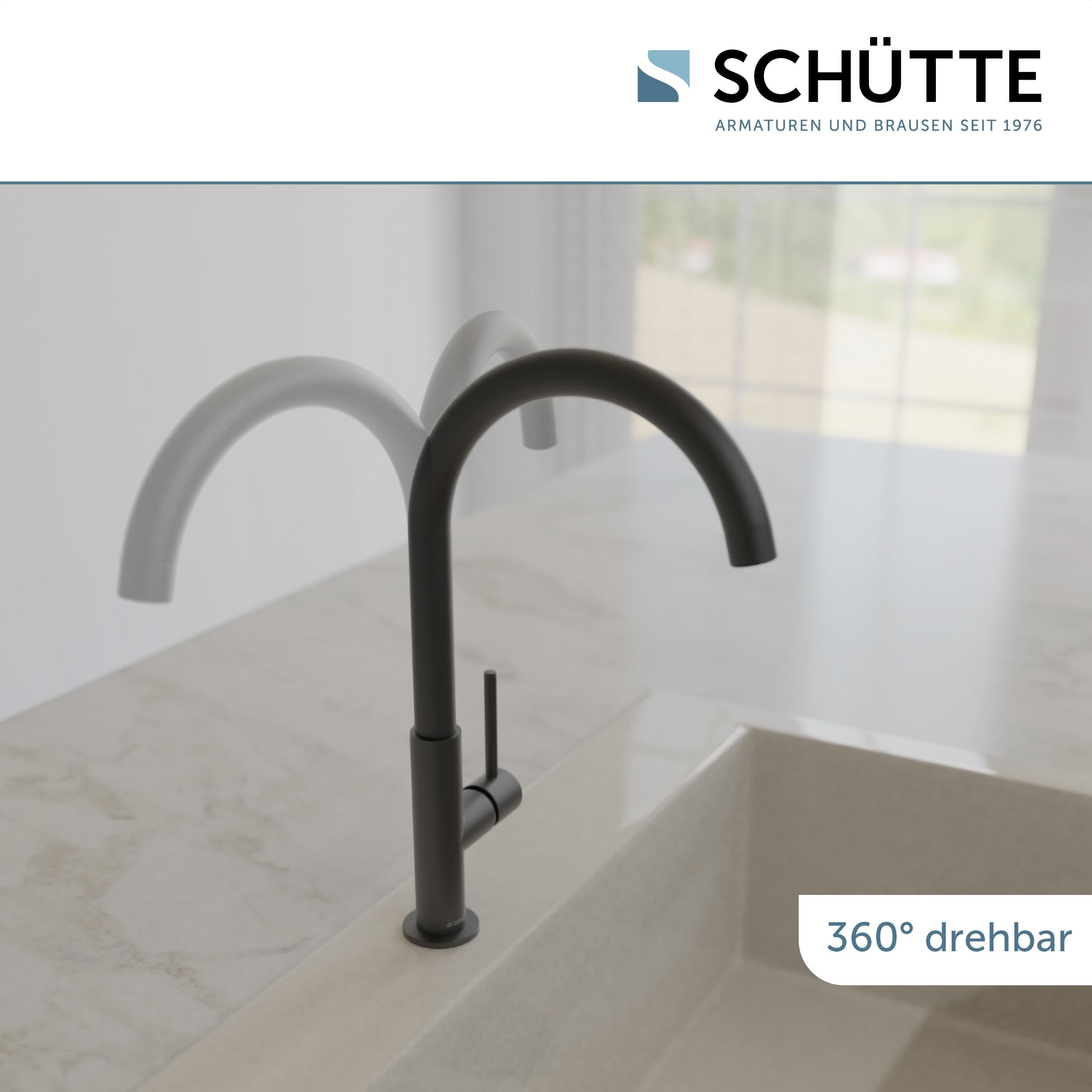 SCHÜTTE 79966 Küchenarmatur Cardiff, 360 Grad schwenkbarer Wasserhahn Küche, Mischbatterie für die Spüle mit Einhebelmischer, Spültischarmatur Küchenspüle, Schwarz matt
