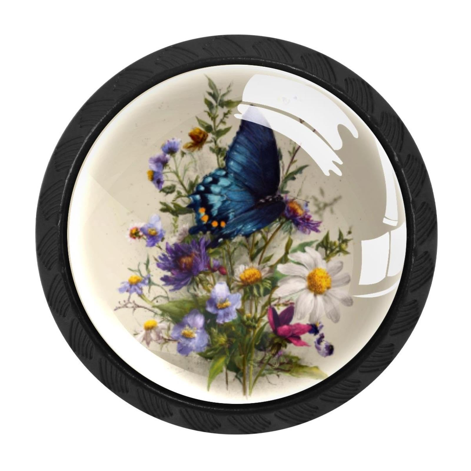 CHENZZZZ Butterfly and Wildflowers (2) Drawer Knobs Pull Handle Crystal Glass Circle Shape Cabinet Drawer Pulls Cupboard Knobs with Screws for Kitchen Cupboard Dresser Wardrobe etc