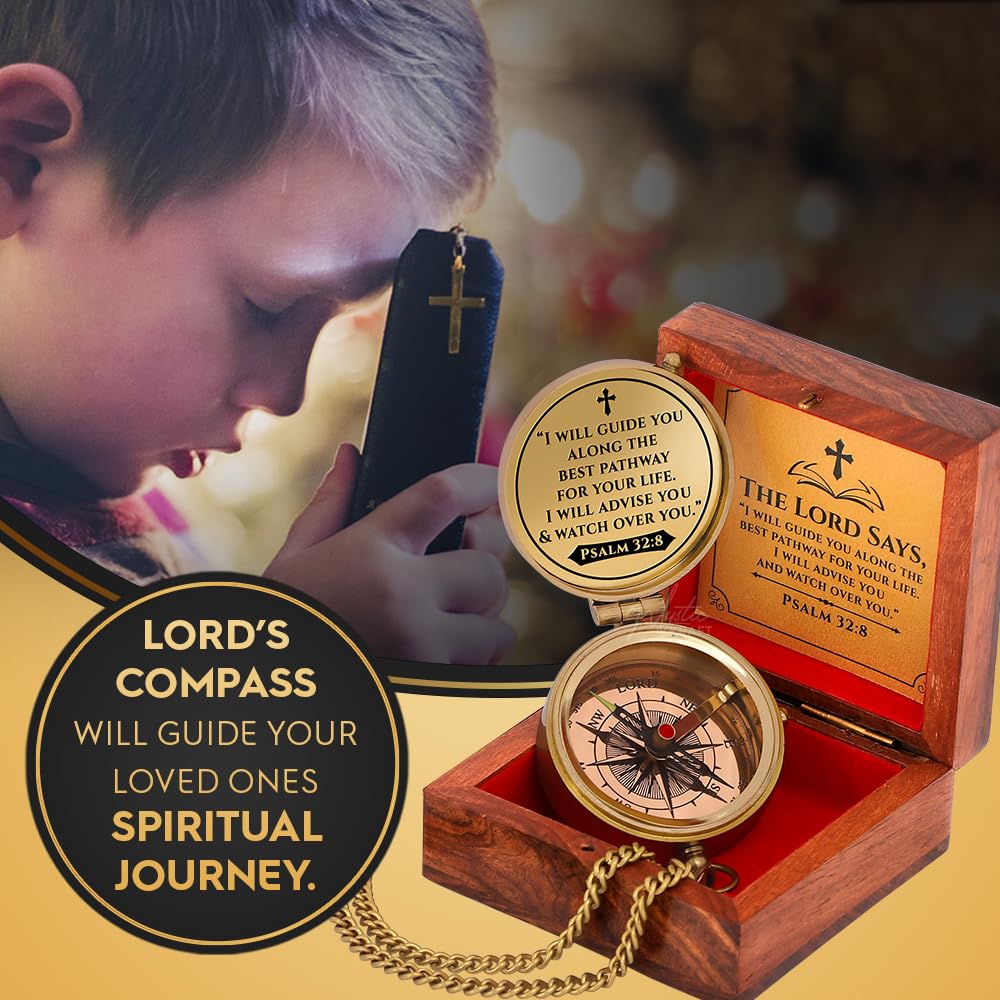 Brújula de bolsillo de latón grabada, Salmo 32:8, regalos de primera comunión, regalos de bautizo para niños y niñas, regalos de confirmación para hombres, regalos de Pascua cristianos