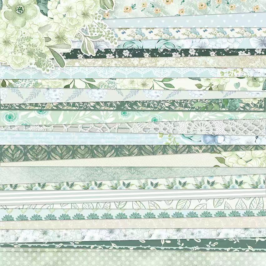24 Sheets Floral Scrapbook Paper, 12"×12” 160Gsm Double-Sided Patterned Decorative Craft Paper for Scrapbooking, Card Making, Art Journaling and DIY Projects (Green)