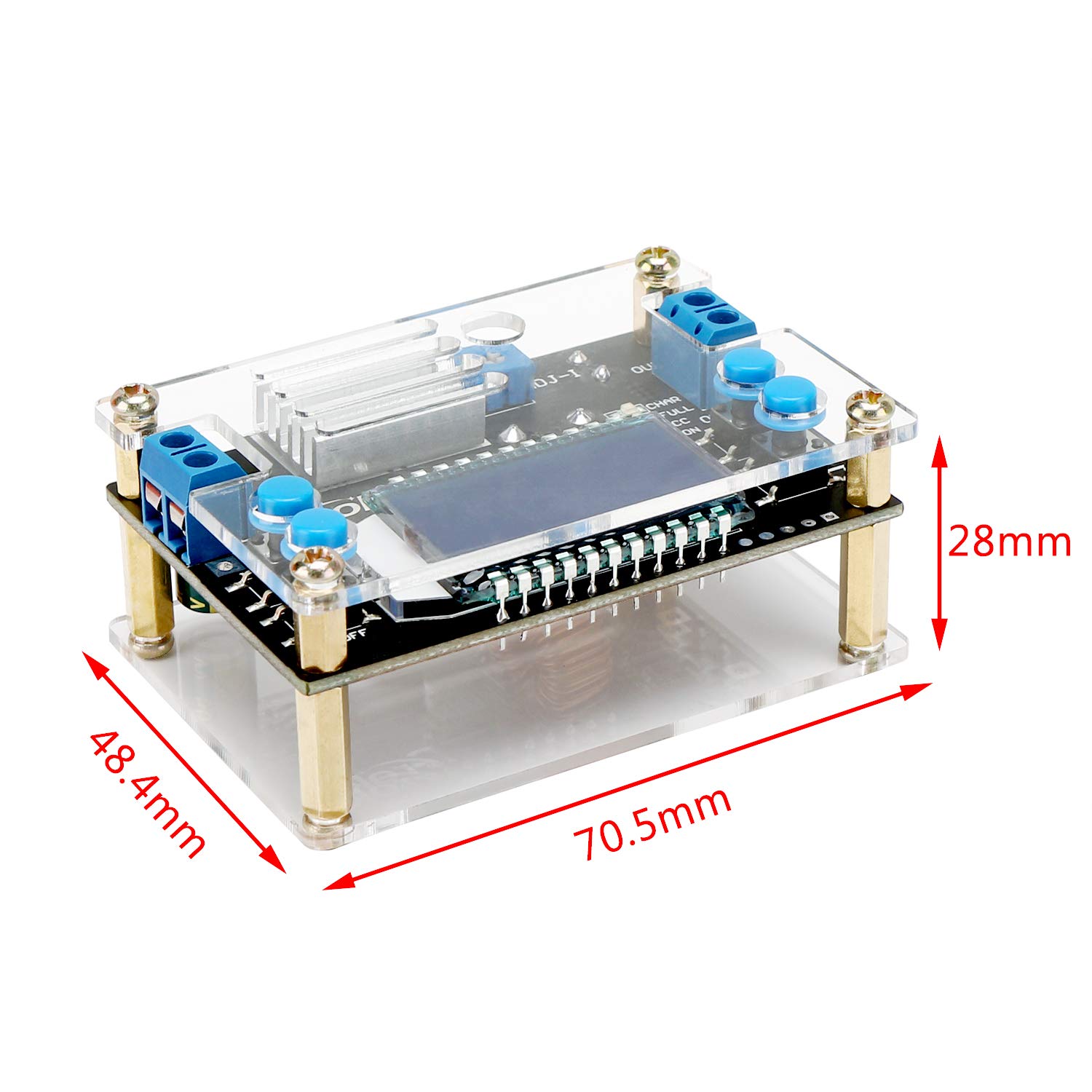 Dimensions of the DROK Buck Converter: 70.5mm length, 48.4mm width, 28mm height.
