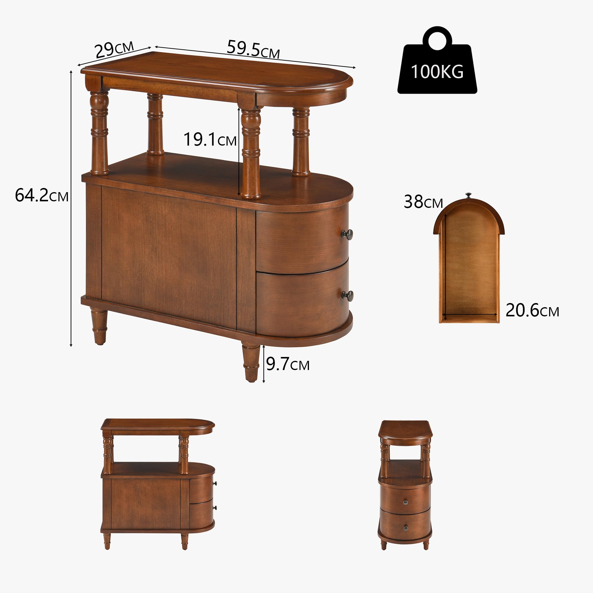 Holz Beistelltisches mit 2 Schubladen und Ablage, Schmaler Sofa Beistelltisch für Wohnzimmer, Vintage Slim Nachttisch Nachttisch für Schlafzimmer, Schlanker Stuhl Beistelltisch Kirschbaum MG