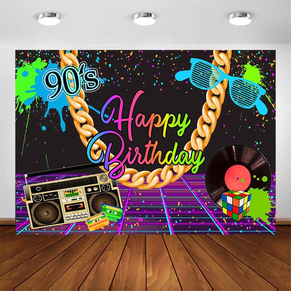 Avezano 90s Theme Birthday Party Backdrop 7x5ft Retro Hip-Hop Graffiti 90'S Birthday Neon Party Photography Background Back to The 90s Birthday Decoration Banner (8x6ft)