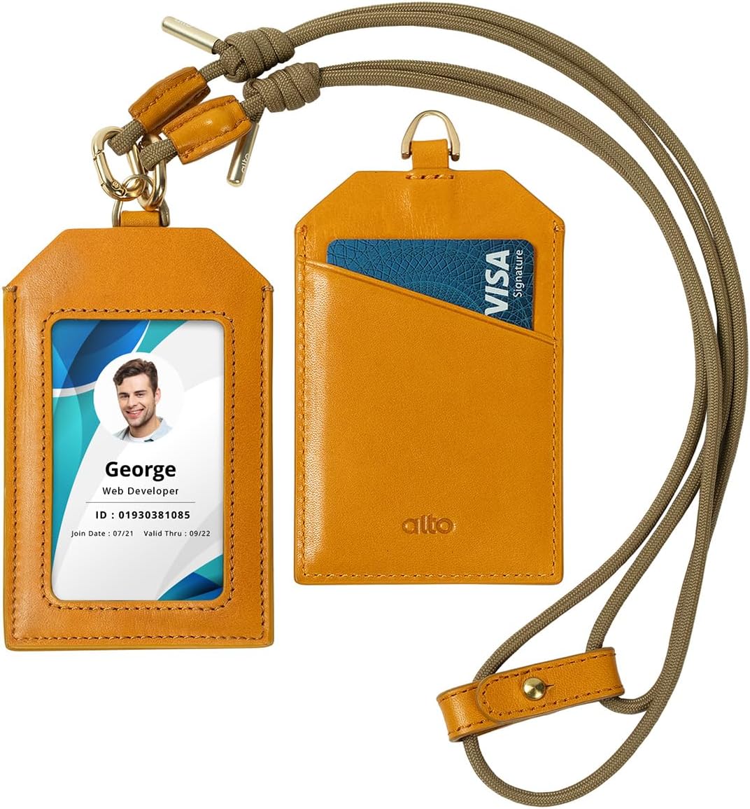 alto Italian Leather ID Badge Holder with Card Slot (Caramel & Strap)