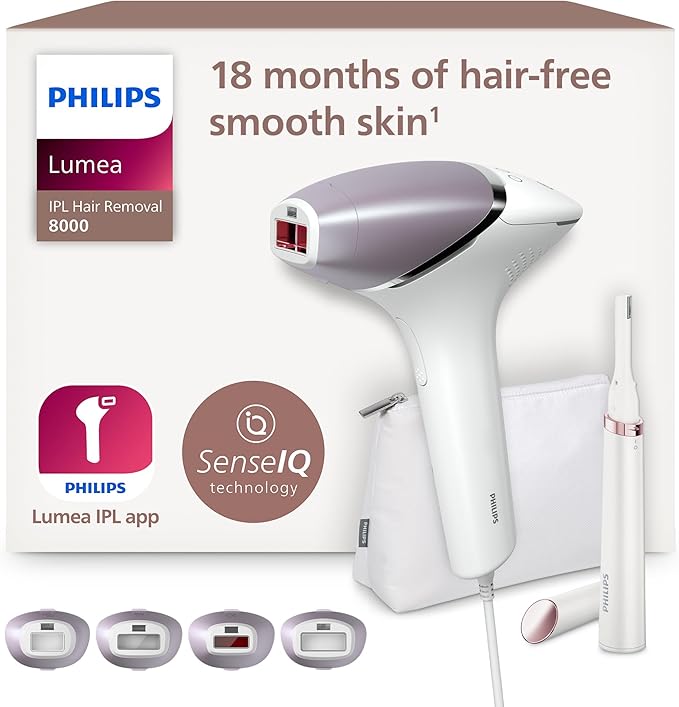 Philips Lumea serie 8000, dispositivo de depilación IPL, alternativa de depilación láser, tecnología SenseIQ, 4 accesorios para el cuerpo, lápiz recortador compacto satén, BRI949/00