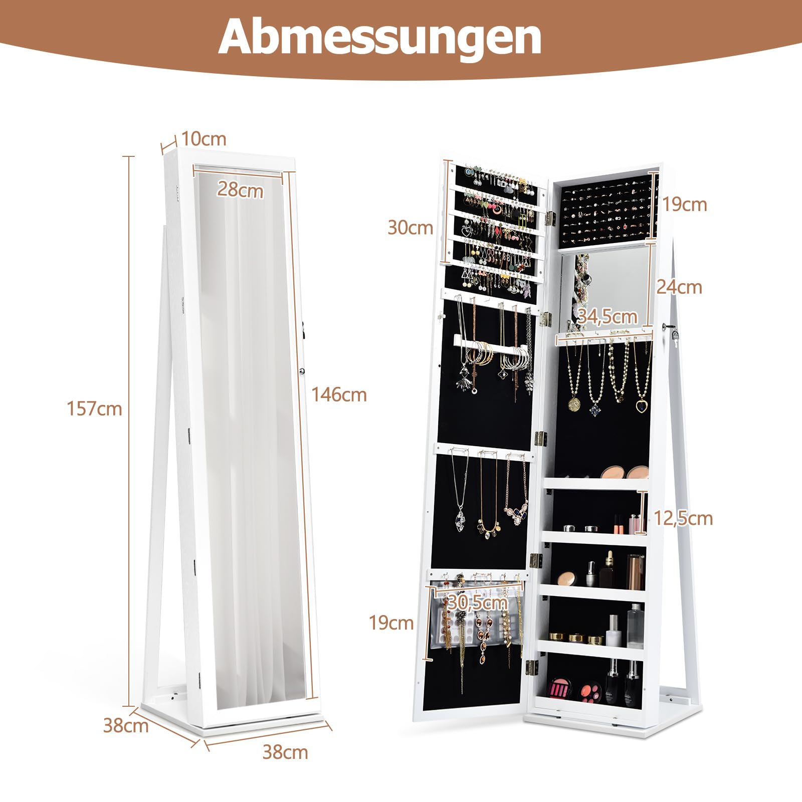 GOPLUS Schmuckschrank mit Spiegel, Spiegelschrank stehend mit großem Stauraum, Lagerregalen und Umkippschutz, Standspiegel Schmuck Organizer abschließbar für Schlafzimmer Wohnzimmer (Weiß)