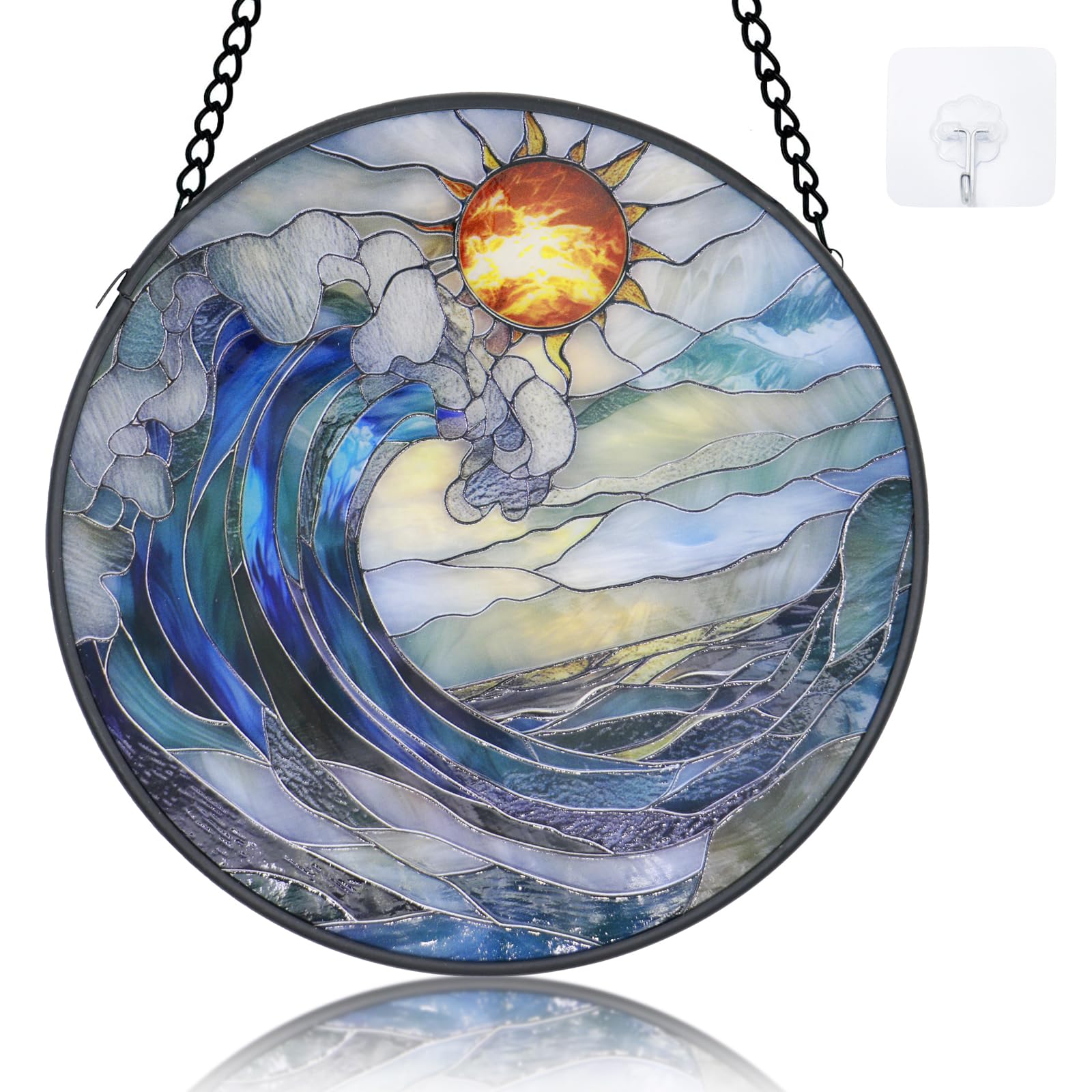 Vitrail attrape-soleil vagues bleu et blanc 16 cm pour décoration de fenêtre