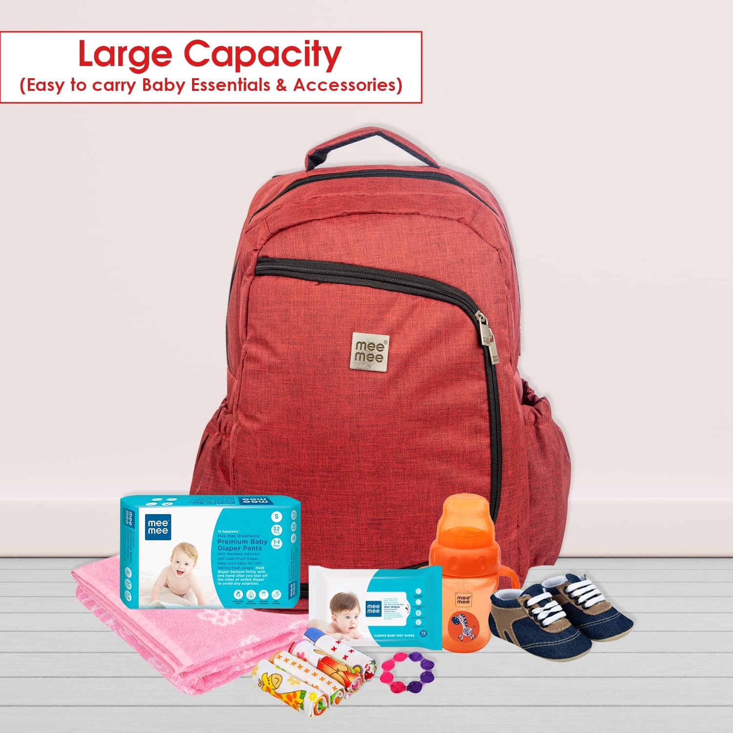 Mee Mee Maternity Diaper Bag | Spacious, Stylish, Functional, Convenient for Moms on the Go | Waterproof and Stain Resistant Travel Essential with Multiple Pockets and Diaper Changing Pad (Maroon) 4