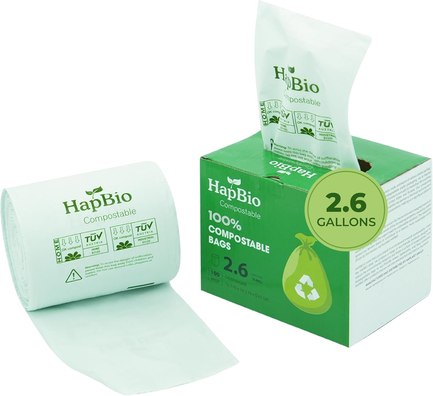 HAPBIO 2.6 Gallon Compostable Trash Bags, 100 Count/Roll, 0.67 Mils, Pack 1, Unscented, Small Trash Bags, BPI OK Compost Home, Recycle Food Scrap Waste Bags for Countertop Bin, Kitchen