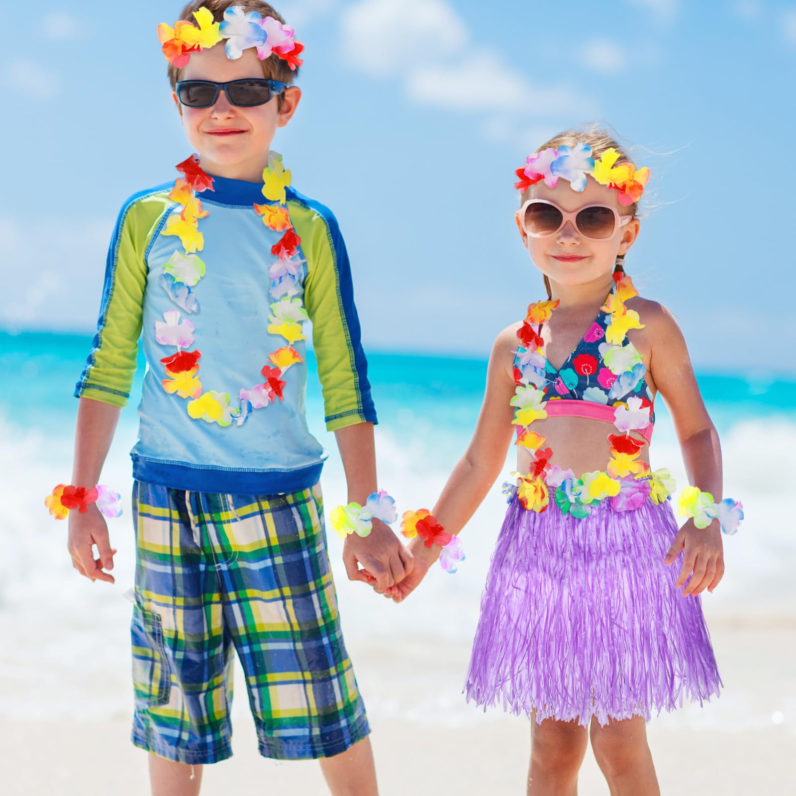 Abeillo 5 Pack Hawaiian Hula Grass Skirt for Girls Hula Dance Skirt with Flower Costume Accessory Hawaiian Hula Party Dress Up for Girls
