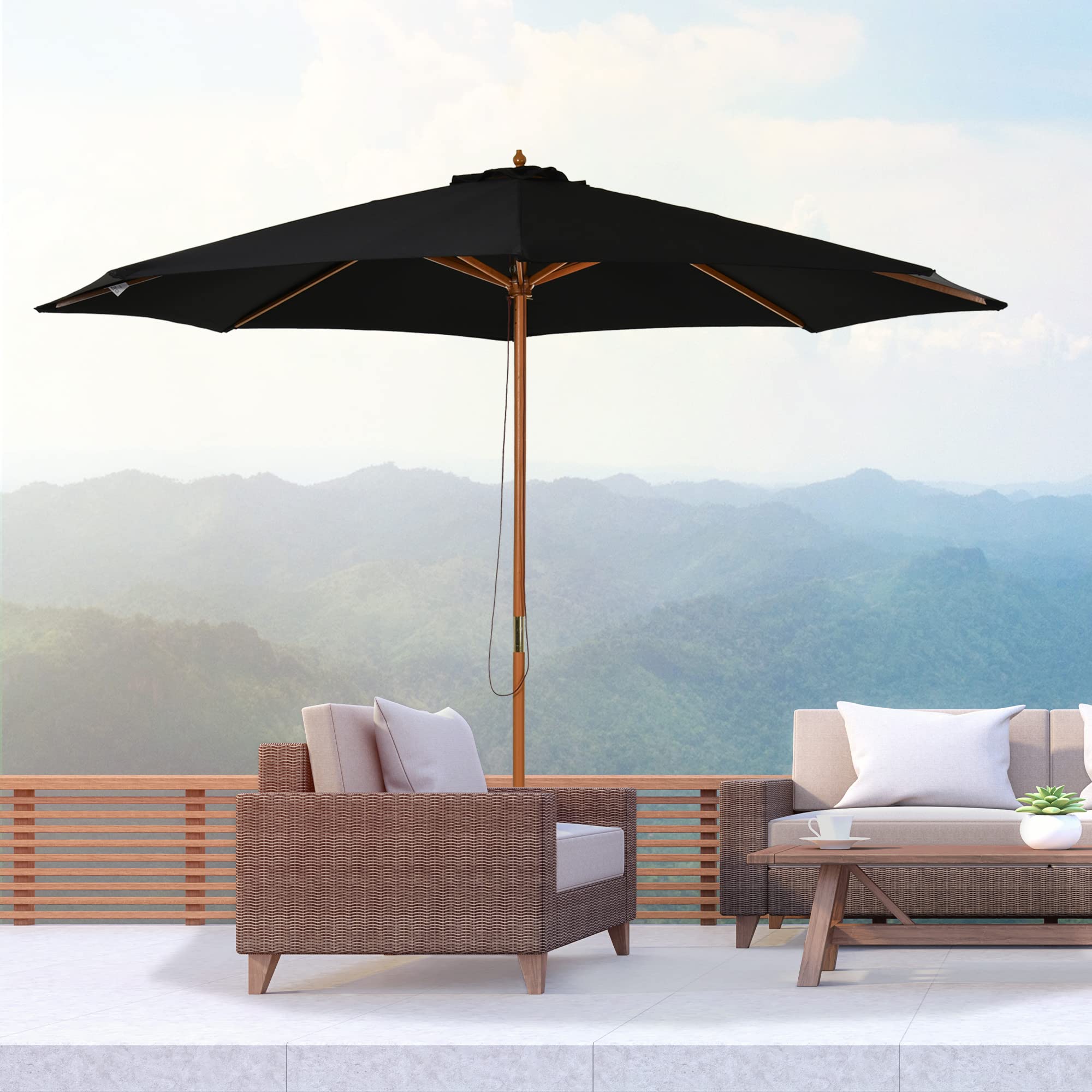 Outsunny Sombrilla Terraza Exterior Ø300 cm con Sistema de Polea | Sombrilla de Jardín, Techo Ventilado, Poste Desmontable de Madera, Parasol para Patio Terraza