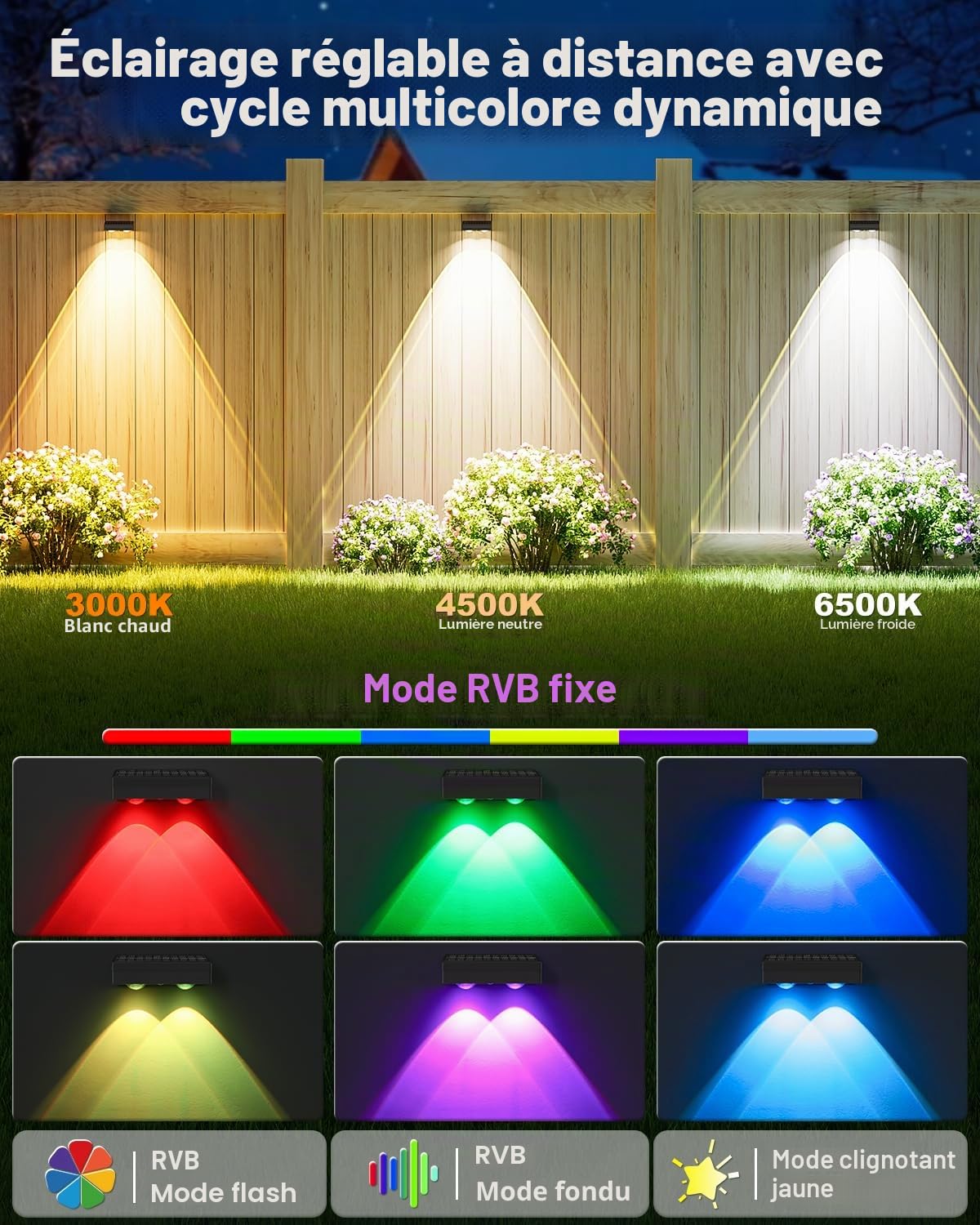 VOLISUN Lot de 8 lampes solaires de clôture avec télécommande, 50 lumens, étanches IP65, 10 couleurs RVB, éclairage décoratif durable pour jardin, cour, terrasse, balustrade