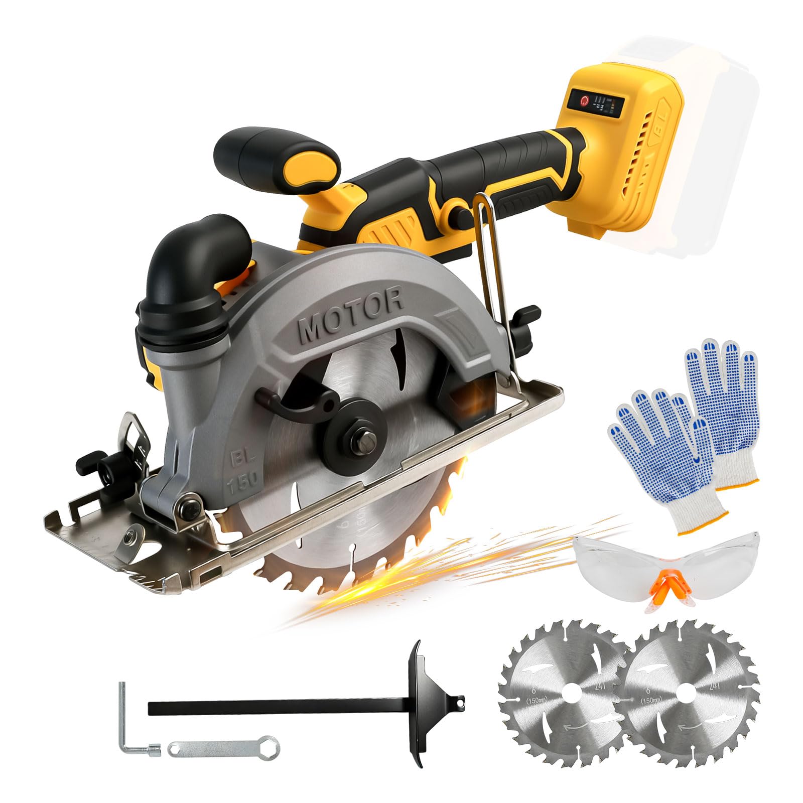 Bezprzewodowa piła tarczowa 15 cm kompatybilna z akumulatorem DEWALT 18 V (bez baterii), bezszczotkowa piła tarczowa 6200 obr./min z 2 ostrzami 24 zębami, maksymalna głębokość cięcia 3,3 cm (45°), 5