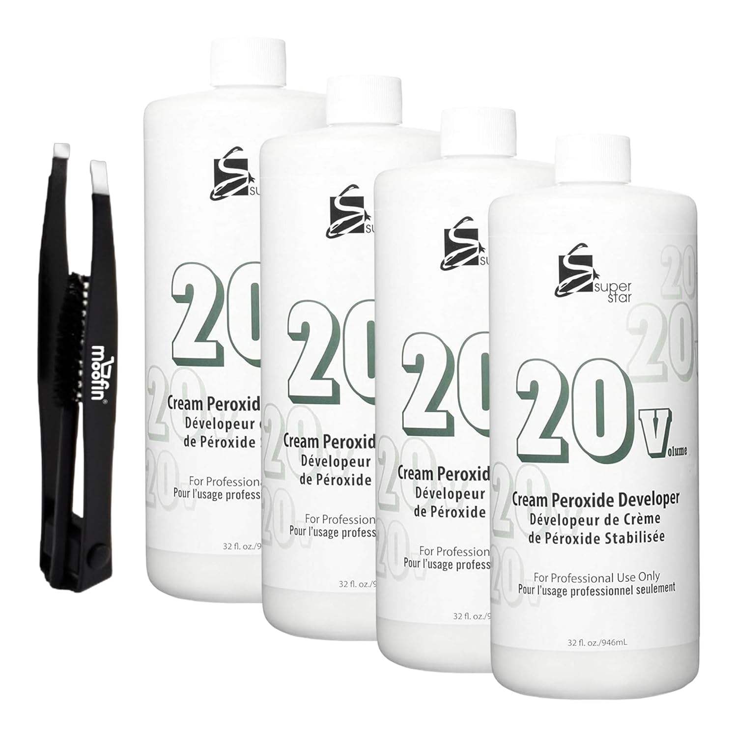 Super Star 20 Volume, 32 Oz – 20 Volume Cream Developer for Hair – Comes with Moofin Eyebrow Tweezers, Hair Color Developer 20 Volume, Gel Consistency for Dimensional Coloring (Pack of 4) Super Star 20 Volume, 32 Oz – 20 Volume Cream Developer for Hair – Comes with Moofin Eyebrow Tweezers, Hair Color Developer 20 Volume, Gel Consistency for Dimensional Coloring (Pack of 4)