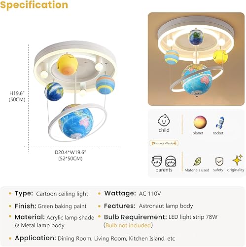 Miniatura 7 de Luz de techo de astronauta de dibujos animados para niños, luz de luna de cristal moderna de 3 luces de cristal con forma de astronauta luz de luna
