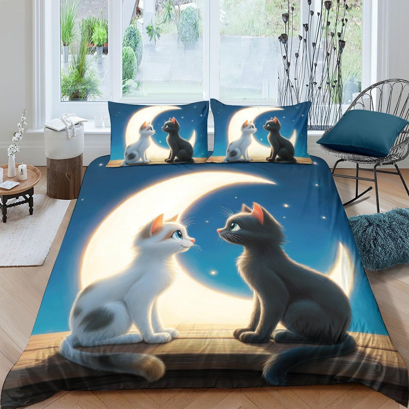 TUFRTGYHN 3D Printed Moon Cat Duvet Cover Microfiber Soft Breathable Night Sky Bedding Set with 2 Pillowcases for Bedroom Decor Single（135x200cm）