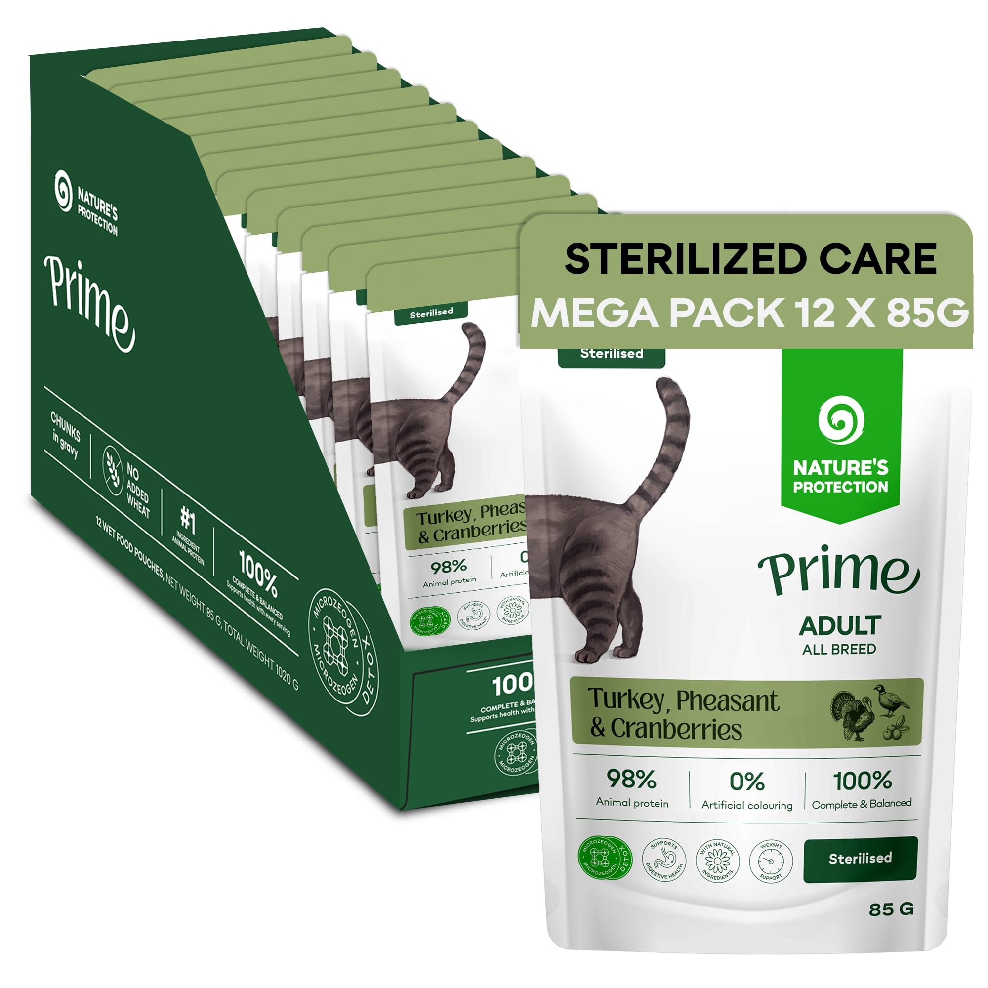 Nature’s Protection Prime Wet Cat Food Pouches for Sterilised Cats, Hypoallergenic Cat Food in Gravy with Turkey, Pheasant and Cranberries, Urinary Health Support, 12 x 85g