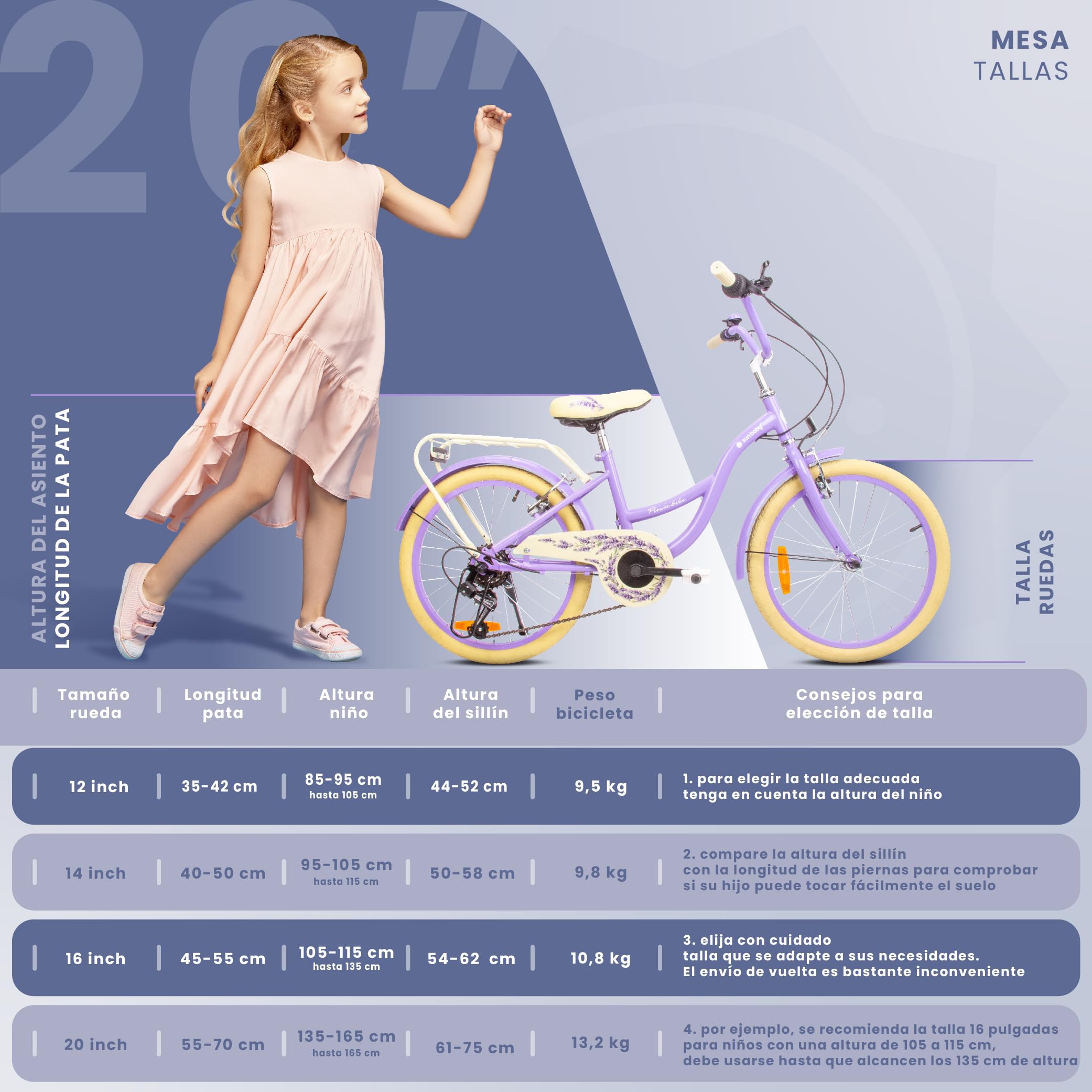 Bicicleta para niñas Flower Bike, tamaño de Rueda 20 Pulgadas, de 6 a 10 años, de 6 velocidades Shimano, de Altura Ajustable