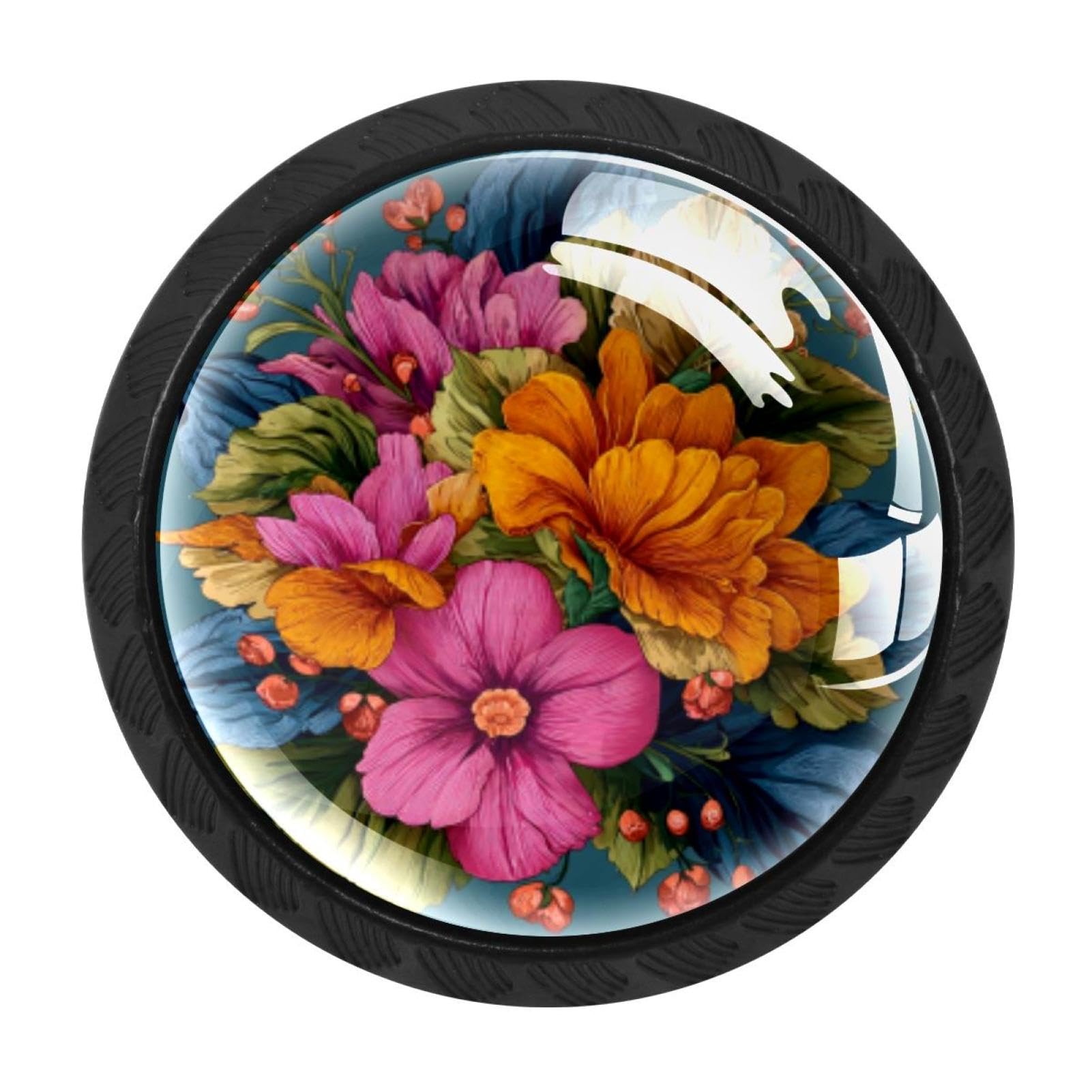 CHENZZZZ 4 Pieces Colorful Flowers with Leaves (3) Drawer Knobs, 35mm Black Cabinet Knobs, Drawer Pulls and Knobs, Dresser Drawer Knobs, Cabinet Hardware Kitchen Cabinet Knobs