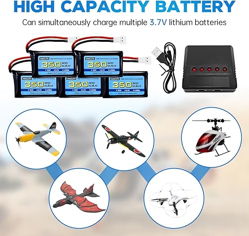Miniatura 2 de 5 pilas Lipo de 3.7 V 350 mAh 1S con enchufe Molex y cargador para Syma X11C WLToys V911S RC Drone, XK A150 BF-109 FX651 FX621 Z60 Jet F-16 F-22