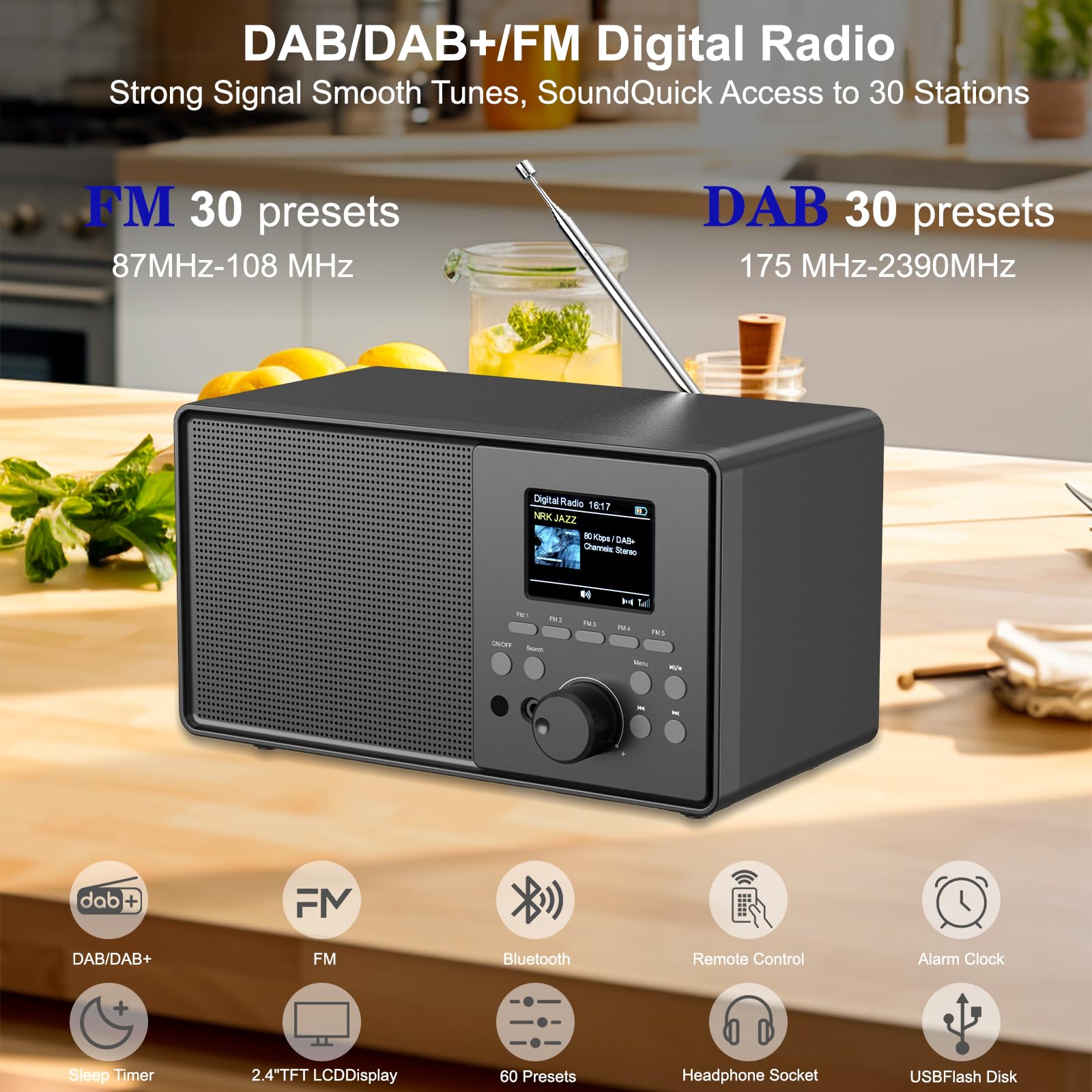 Radio rétro HABOWN Dab+/Dab avec Bluetooth 5.0 et télécommande, Design nostalgique avec écran Couleur 2,4 Pouces, Double réveil + 30 Stations préréglées, USB/AUX, minuterie de Mise en Veille, Radio d