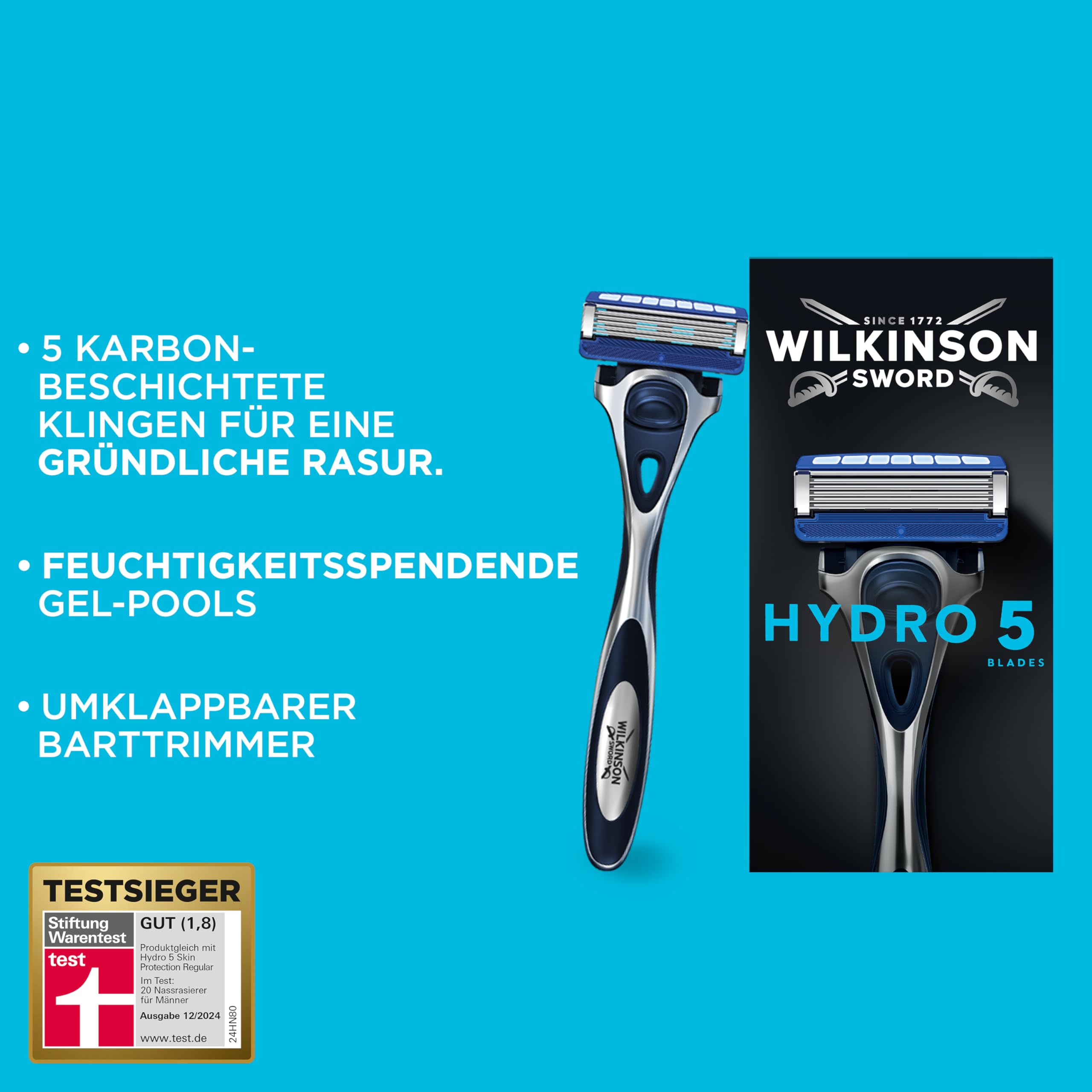 Wilkinson Sword - Hydro 5 Rasierer für Männer, 12 Ersatzklingen, Feuchtigkeitsspendende Gel-Pools und umklappbarer Trimmer
