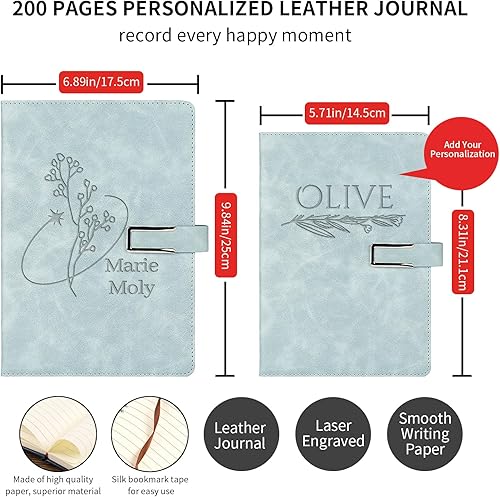 Miniatura 4 de Cuaderno de cuero con nombre personalizado con hebilla magnética, cuadernos personalizados para mujeres, regalos del día de la madre para abuela