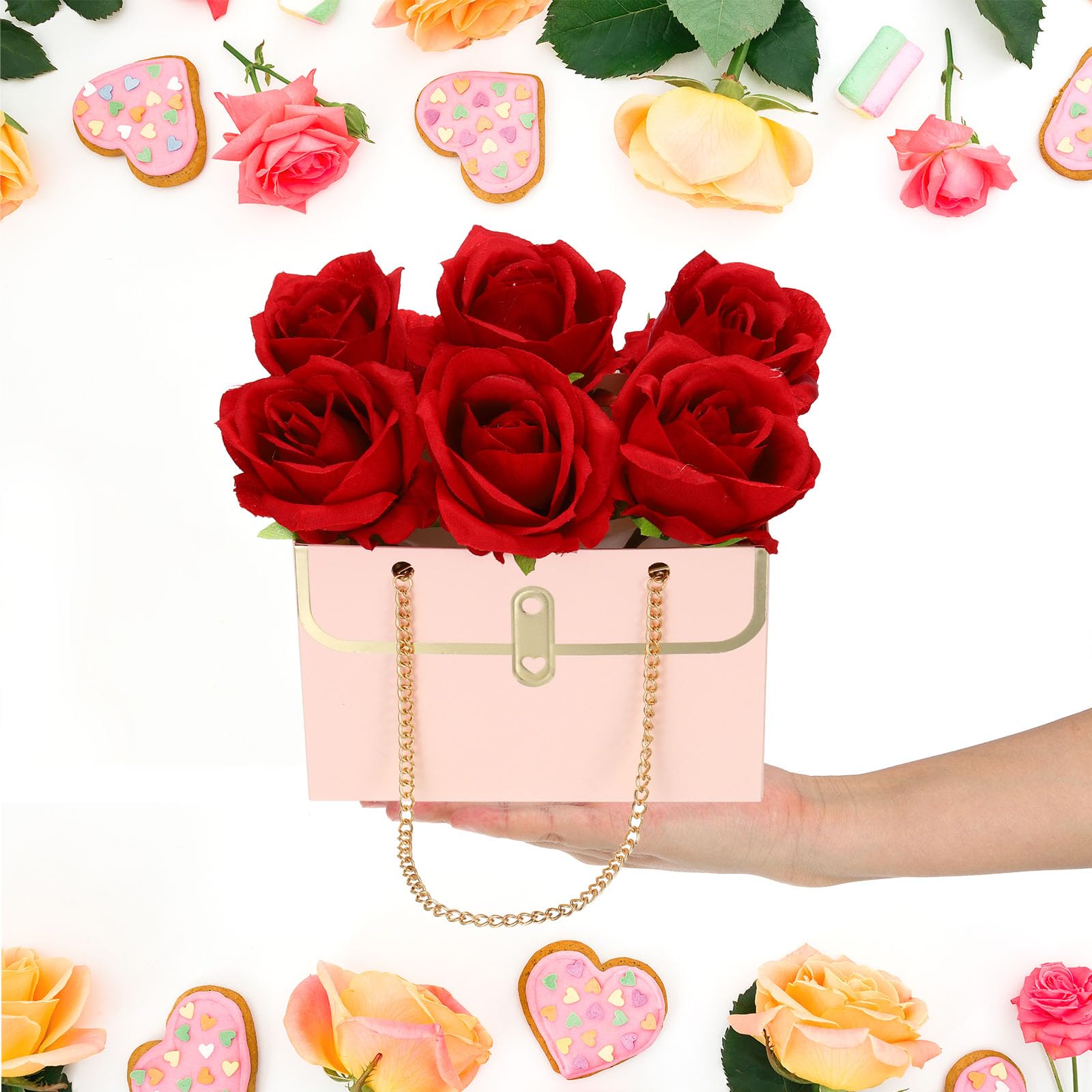 12 Sacchetti Regalo In Carta Con Manici, Rosa, 16x16x16 Cm - Per Bomboniere, Bouquet, Matrimoni - 6