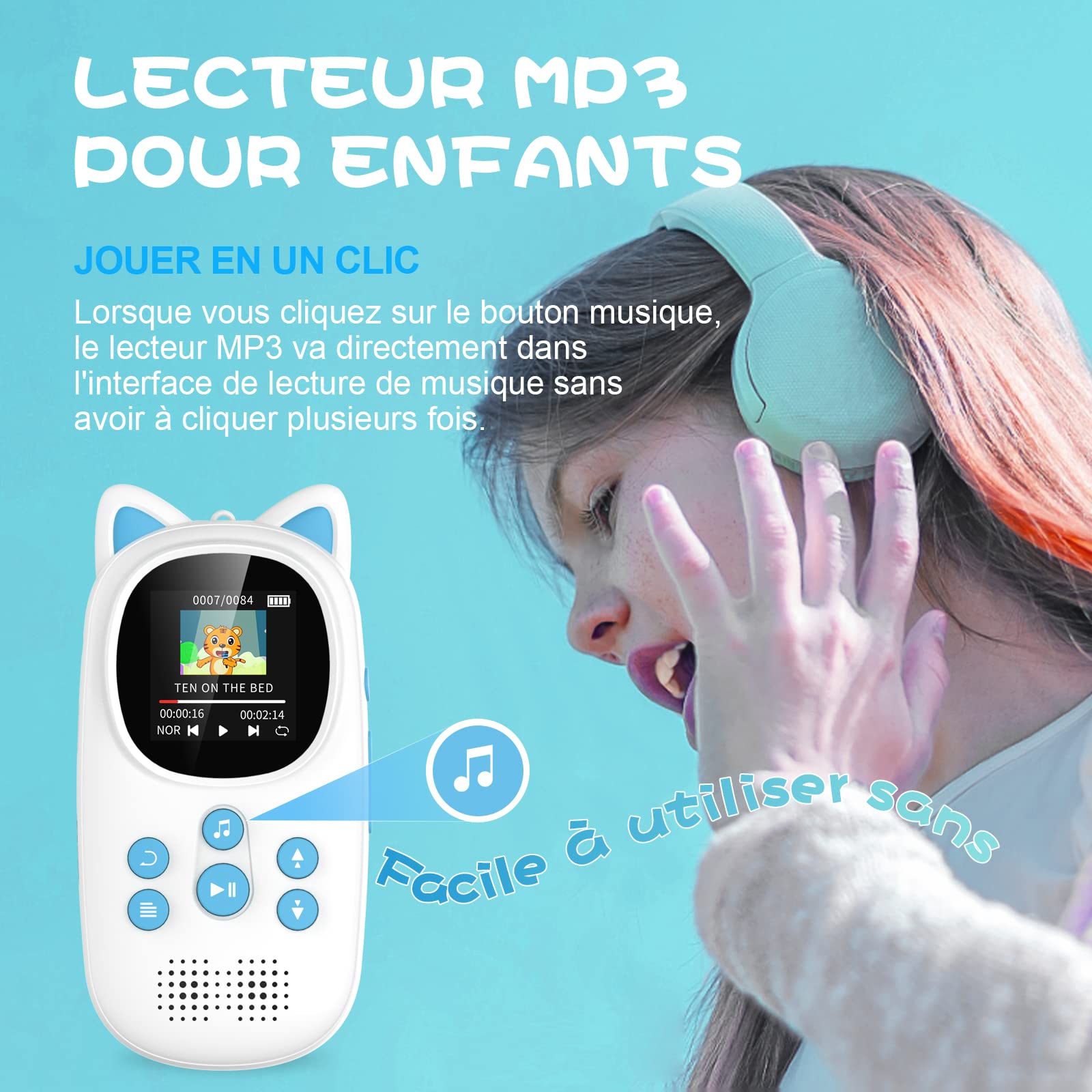 Lecteur MP3 Bluetooth 5.0, Oilsky 32Go MP3 Enfant avec Batterie 750mAh, Qualité Sonore HiFi Lecteur de Musique avec Haut-Parleur, Portable Sport MP3 (Bleu)