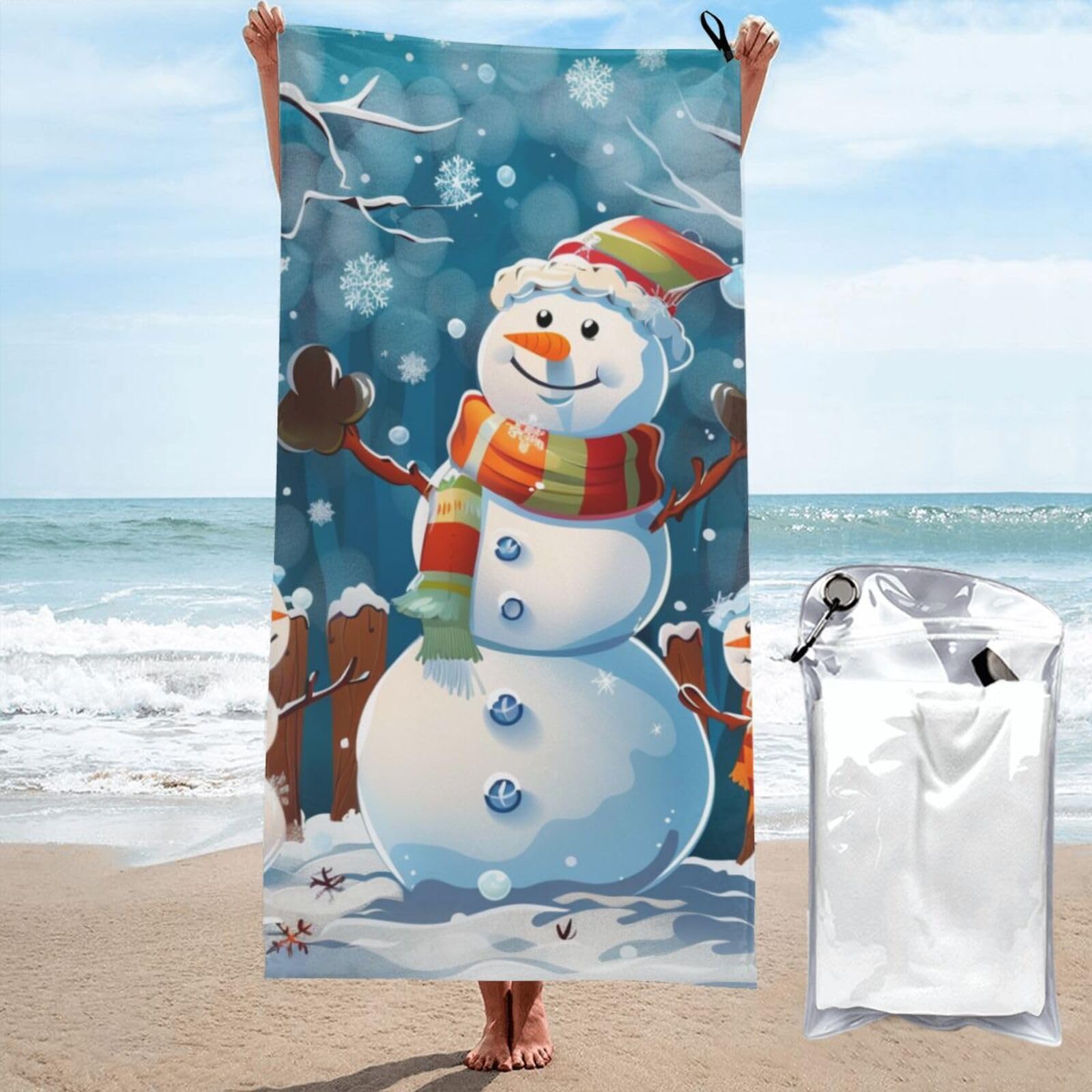 kkvhhyuo Microfiber Beach Towel, Winter Snowman Printed Lightweight Quick Dry Travel Bath Sheet with Compact Carry Bag for Swimming Yoga Camping Gym,31.5"x63"
