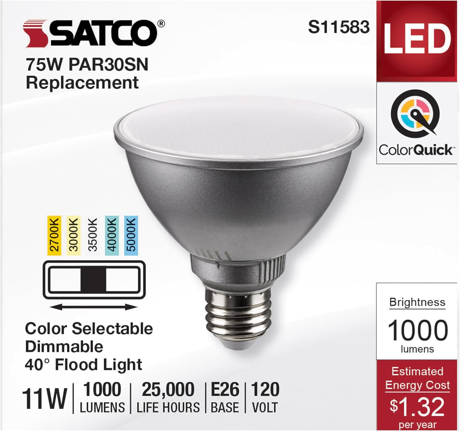 Satco S11583; 11 Watt PAR30SN LED; Medium Base; Silver Finish; CCT Selectable; 120 Volt; 40 Degree Beam Angle; 11PAR30SN/LED/5CCT/FL/120V (6 LED Bulbs)