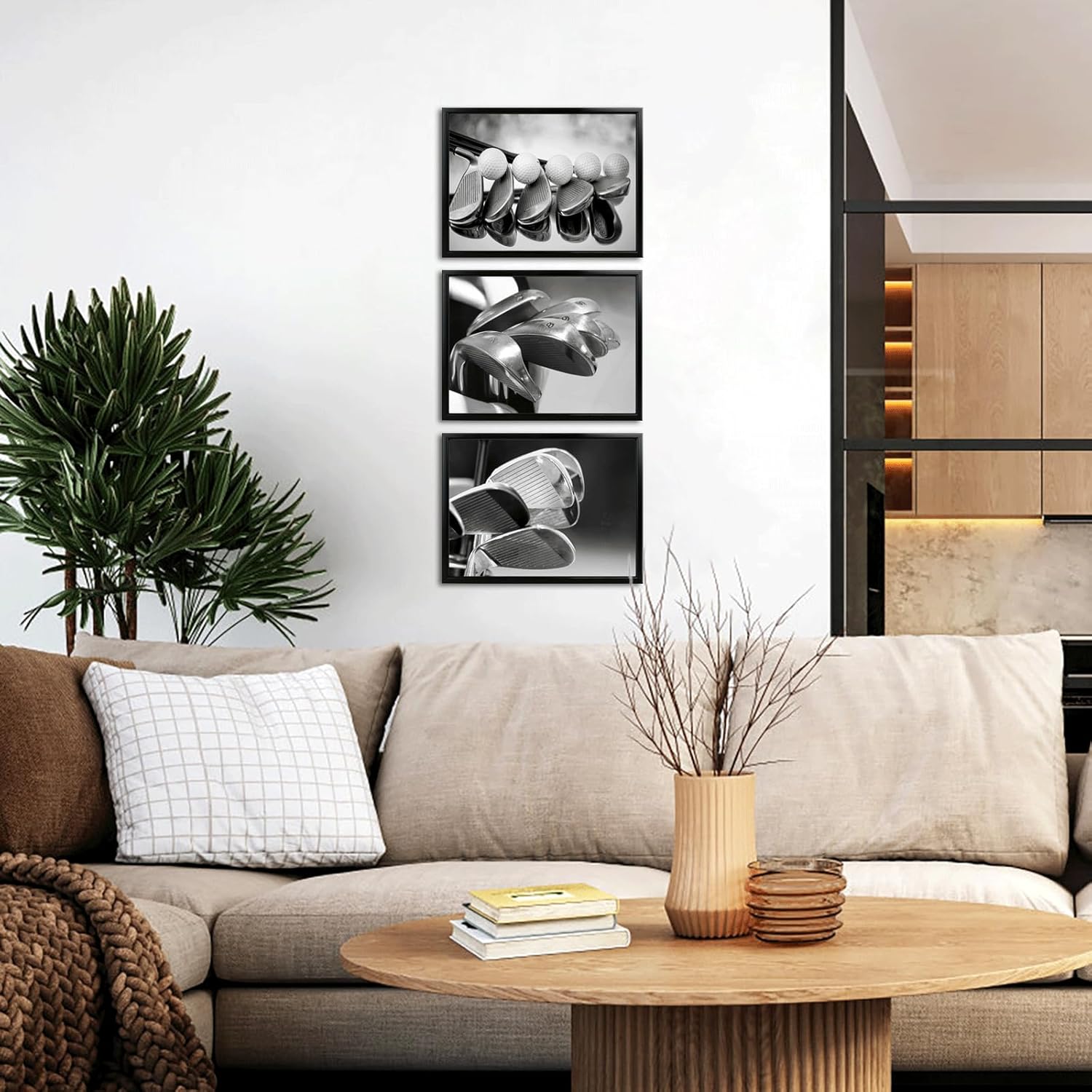 iKNOW FOTO 3 Piece Golf Club Canvas Wall Art Black and White Golf Ball and Iron Print Set for Man Cave Office Lounge Sports Bar Game Room Modern Golf Decor Framed Artwork Ready to Hang 12x16 Inch Each
