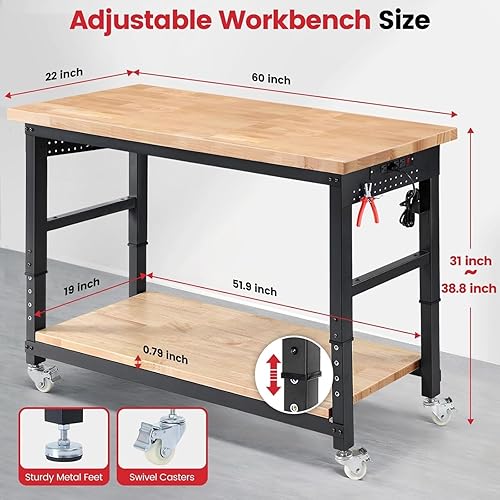 Miniatura 7 de Banco de trabajo con ruedas de 60 x 22 pulgadas, mesa de trabajo de madera de caucho resistente, mesa de trabajo de garaje de altura ajustable con