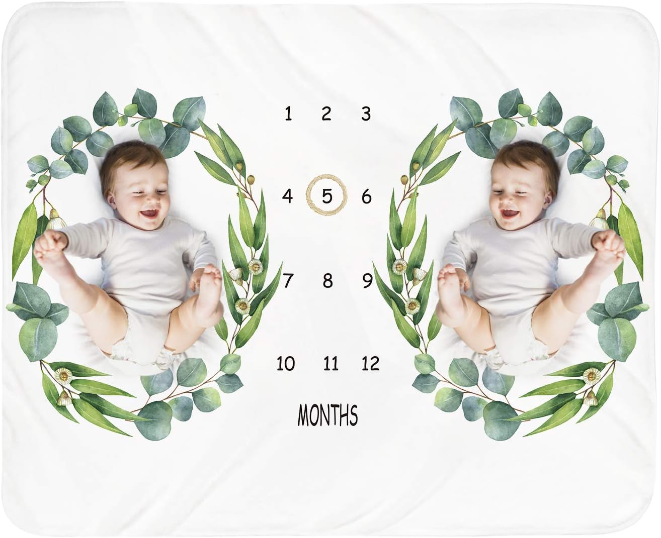Tebaby Baby Monthly Milestone Blanket Twins - Newborn Month Blanket Unisex Neutral Personalized Shower Gift Leaf Nursery Decor Photography Background Prop with Wooden Wreath Large 51''x40''