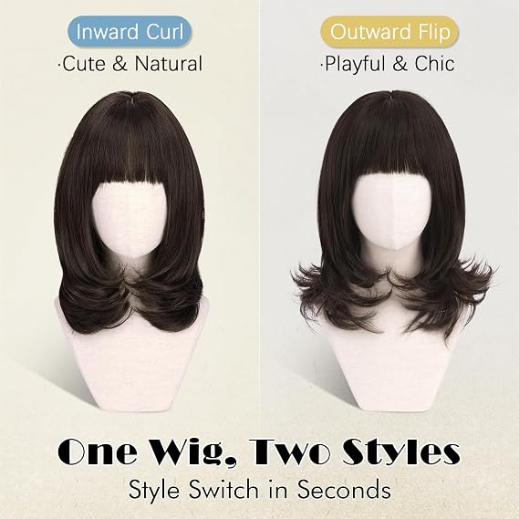 Sofeiyan Wigs for Women,15 Inch Bob Wig with Bang,Glueless Wig | Layered Wigs with Naturally Curled Ends,Synthetic Hair Suitable for Daily Dates Travel,Natural Black
