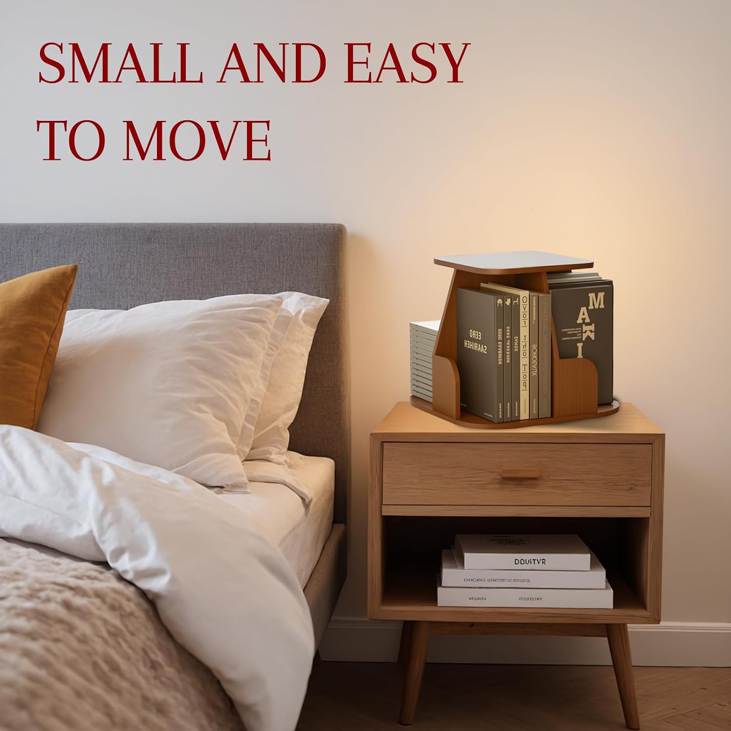 Rotating Book Shelf for Desk, Revolving Bookcase with 4 Compartments, Small Square Bookshelf, Multifunctional Desk Storage Solution, Dark Walnut, Strong and Durable, 360° Rotation