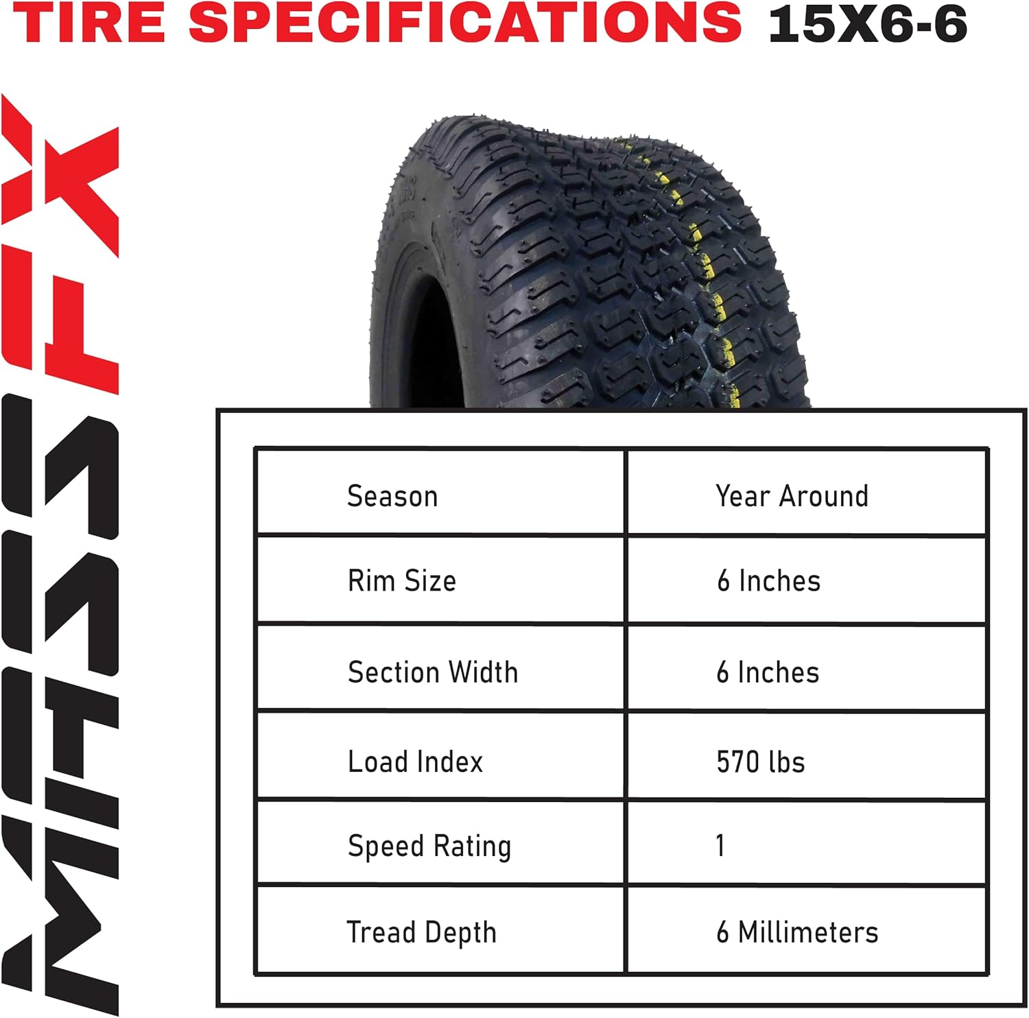 MASSFX 15x6-6 Front (2) & 20x8-8 Rear (2) Tire Set for Turf, Lawn & Garden Use on Outdoor Equipment and Lawn Mowers - 4-Ply with Chevron Tread 15x6x6; 20x8x8 (4-Pack)