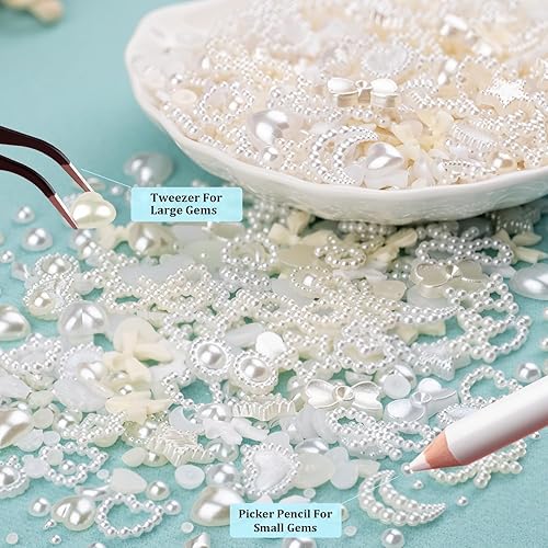 Miniatura 4 de 1200 dijes de uñas multiformas 3D y perlas de parte trasera plana, estilos mixtos de blanco y beige, adornos de corazón y estrella, arco de girasol