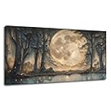 Full Moon Canvas Print Natural Scenery Poster Print Luminous Night Landscape Painting Autumn Forest Canvas Wall Art Indoor Decor for Home Offices Living Room Bedroom Dining Room Framed Ready to Hang