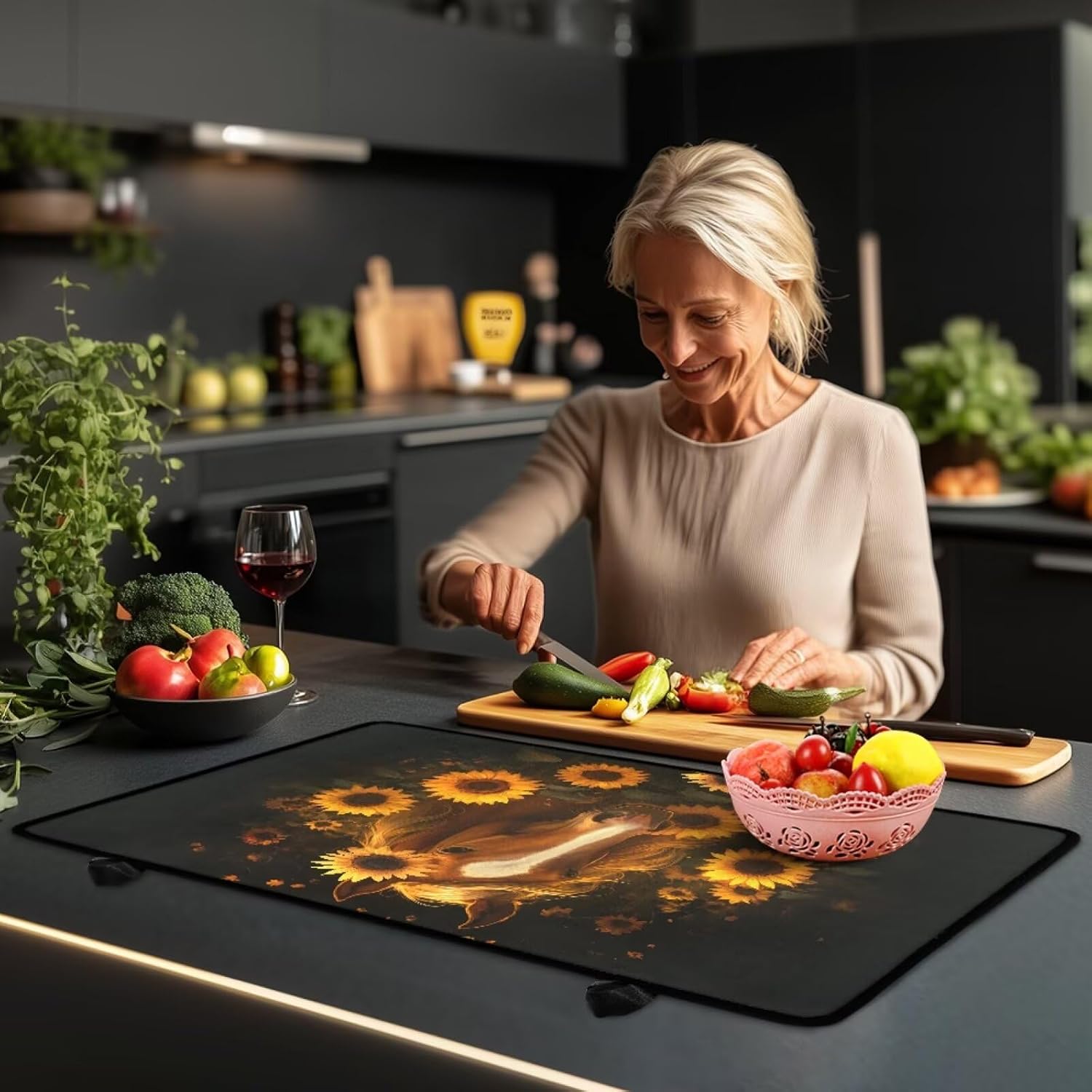 Poceacles Electric Stove Top Cover Induction Electric Stove Protector Non-slip Glass Cooktop Cover Stovetop Mat Multipurpose Flat Top Mat, Horse Sunflower Black