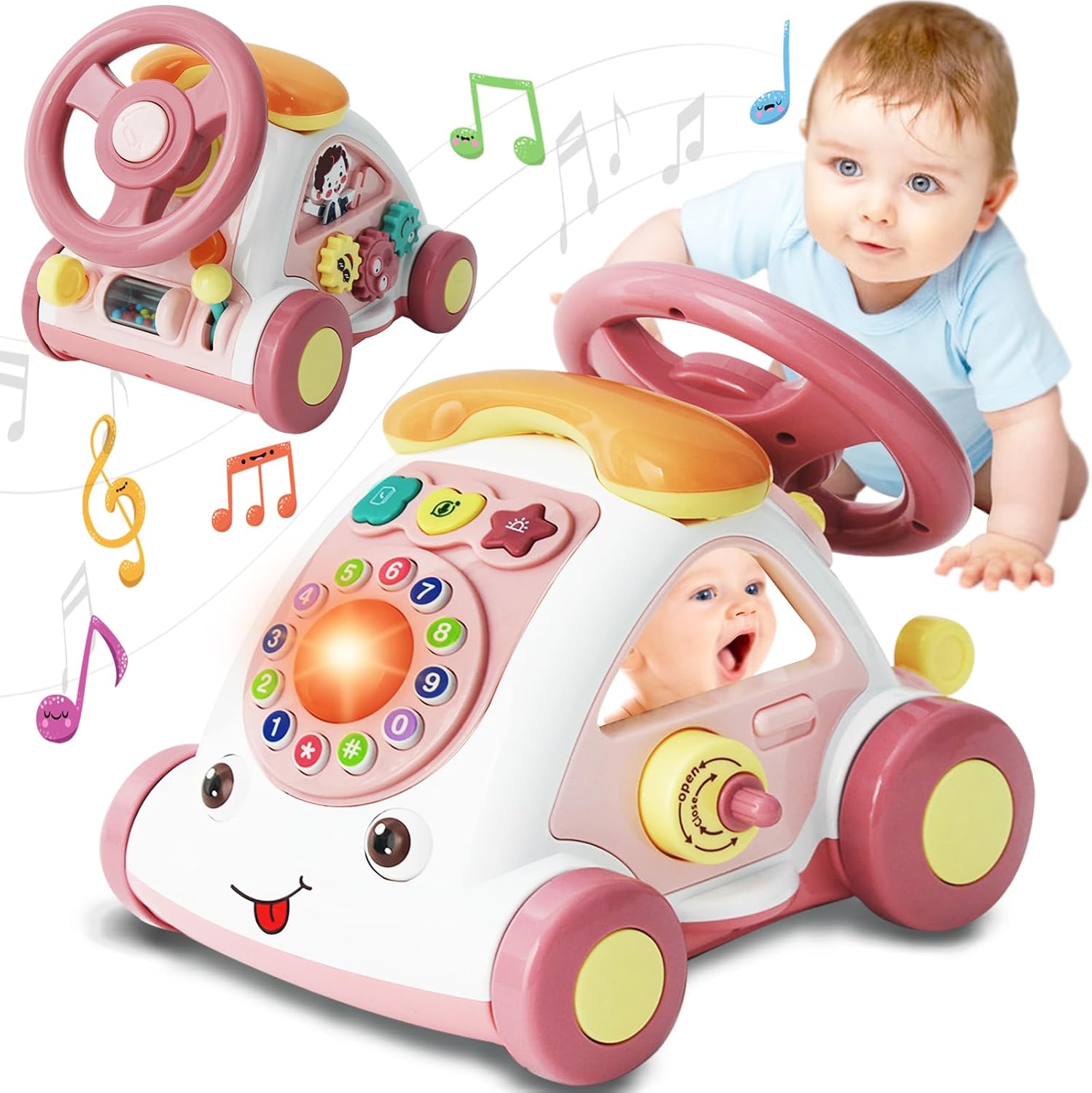 Baoli Baby Toddler Crawling Toys for Boy Girl 6 12 18 Months Steering Wheels Telephone Music Lights 1 2 Year Old Gift Early Educational Learning Multi-Functional Musical Car Toy Pink