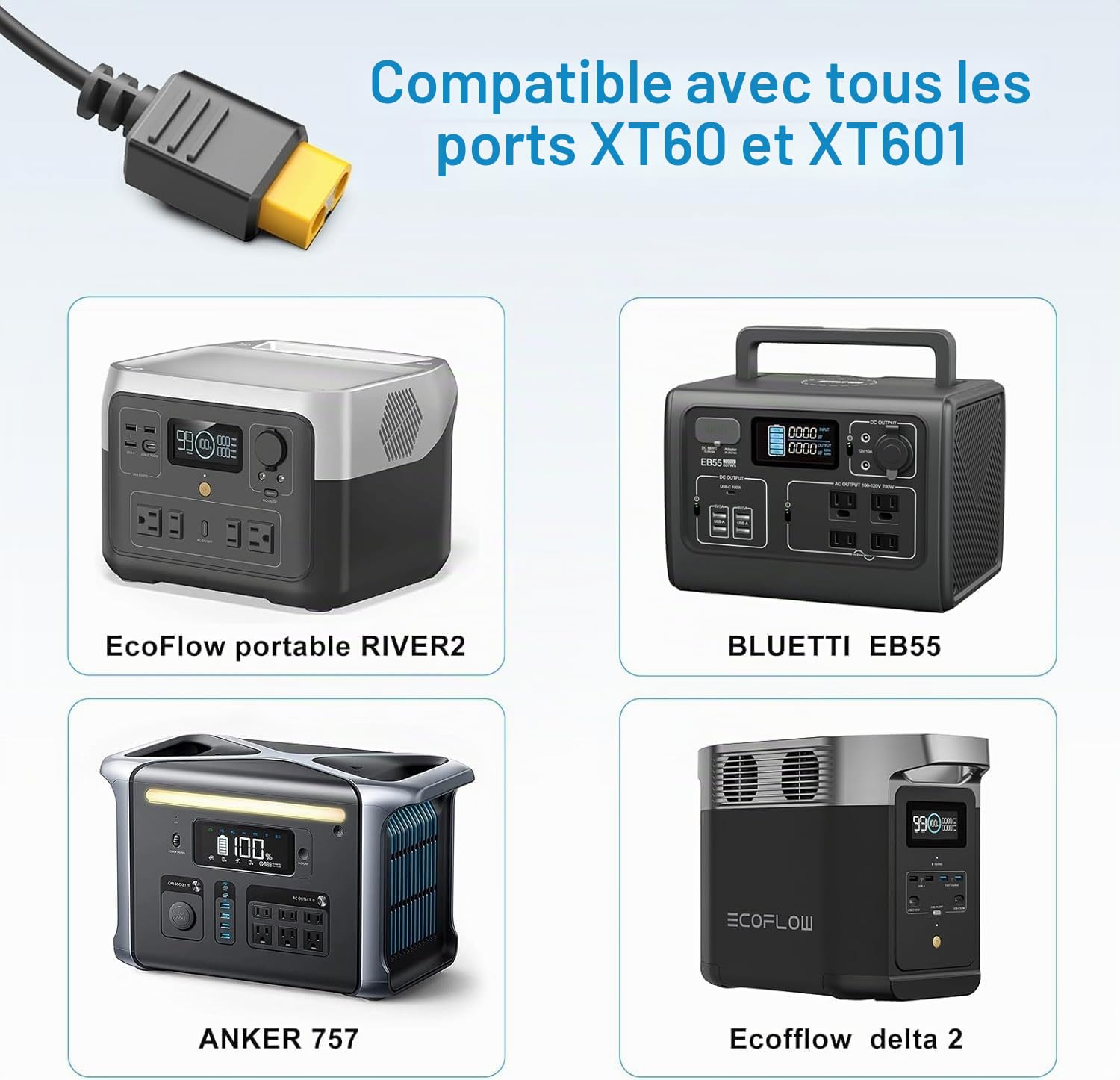 Adaptateur XT60 12 V/24 V DC Chargeur de voiture pour ECOFLOW DELTA 2/3 River 3/2 MAX Bluetti EB55 AC70 Power Station Anker SOLIX C200 C300 C1000 F2000 Générateur solaire Batterie Lipo XT60 Câble de