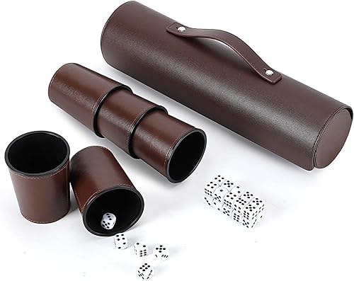 Party Games - Juego de tazas de dados de cuero, 5 tazas de dados negros + 25 dados + funda exclusiva de almacenamiento y transporte hecha de