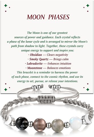 Moon Phase Crystal Healing Bracelet for Women, Natural Stone Beaded with Moonstone and Obsidian