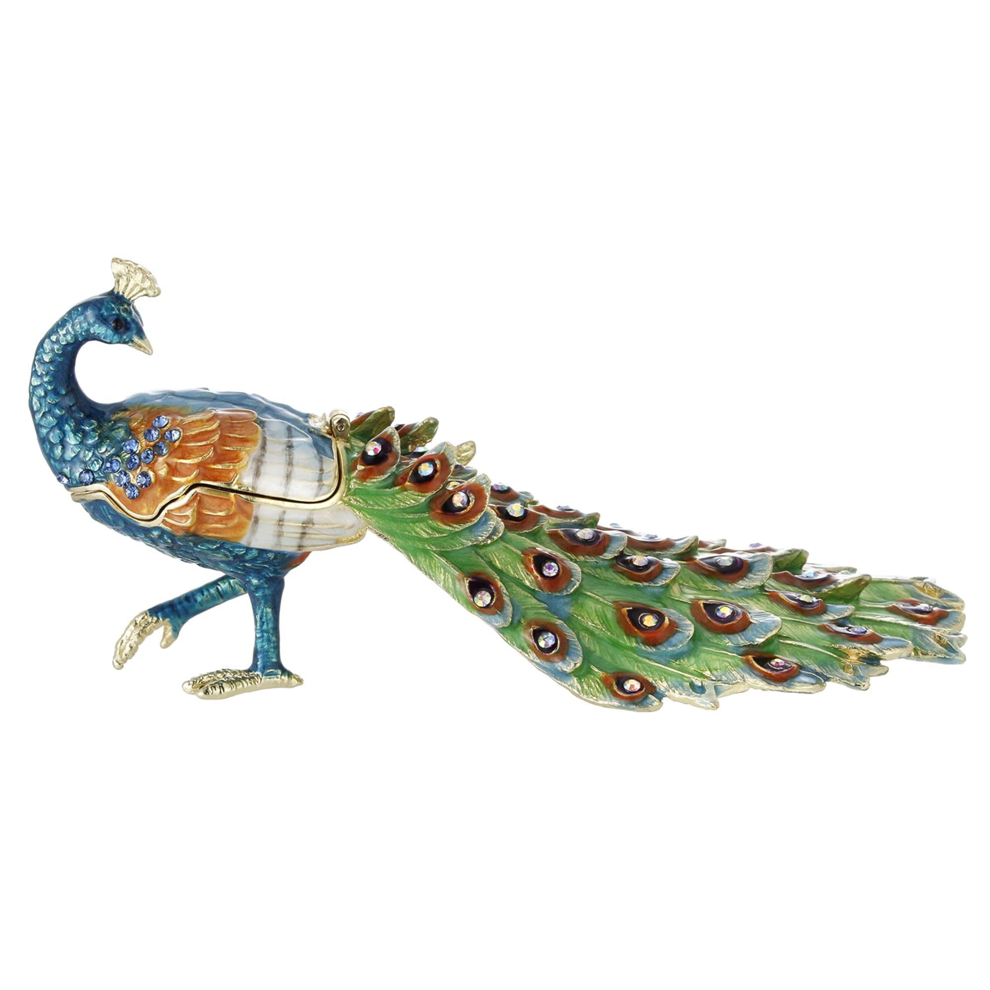 Vie jeune Hand Painted Enamel Peacock Trinket Box, Hinged Unique Mini Ring Necklace Jewelry Organizer, Classical Bejeweled Storage, Figurine Collectible Keepsake Home Decor (Peacock)