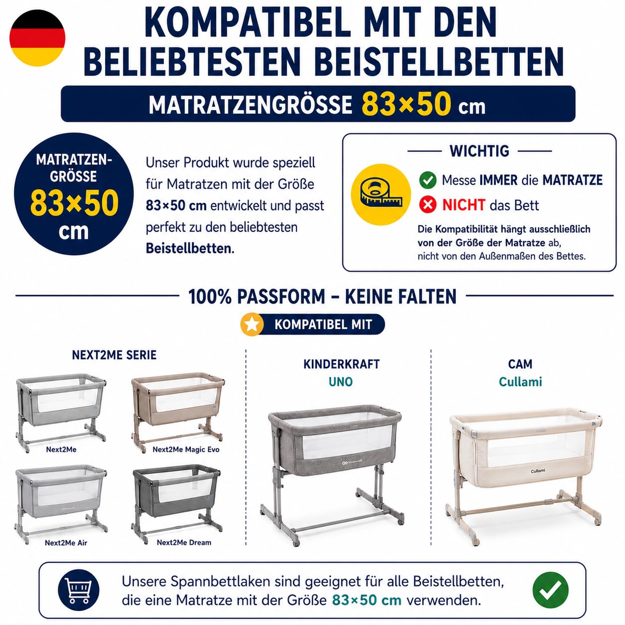 FlyIdeas Next 2 me Spannbettlaken Beistellbett Baby 83x50 cm, 8 STK - Komplett-Set mit wasserdichte Matratzenschoner für Baby Beistellbetten Next to me und Matratzen 50x83 und ähnlich, 100% Baumwolle
