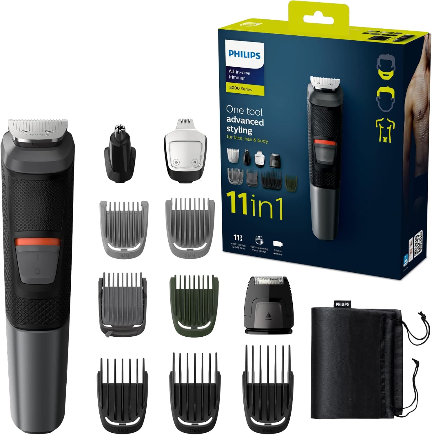 Philips Multigroom série 5000 Tondeuse tout-en-un 11 accessoires – tondeuse pour barbe, cheveux et corps, lames en métal auto-affûtées, 17 hauteurs de coupe (0,5-16 mm), modèle MG5951/15 — vue 11
